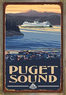 Northwest Art Mall Puget Sound Ferry Washington Rustic Metal Print on Reclaimed Barn Wood from Original Travel Artwork by Artist Paul A. Lanquist 24" x 36"