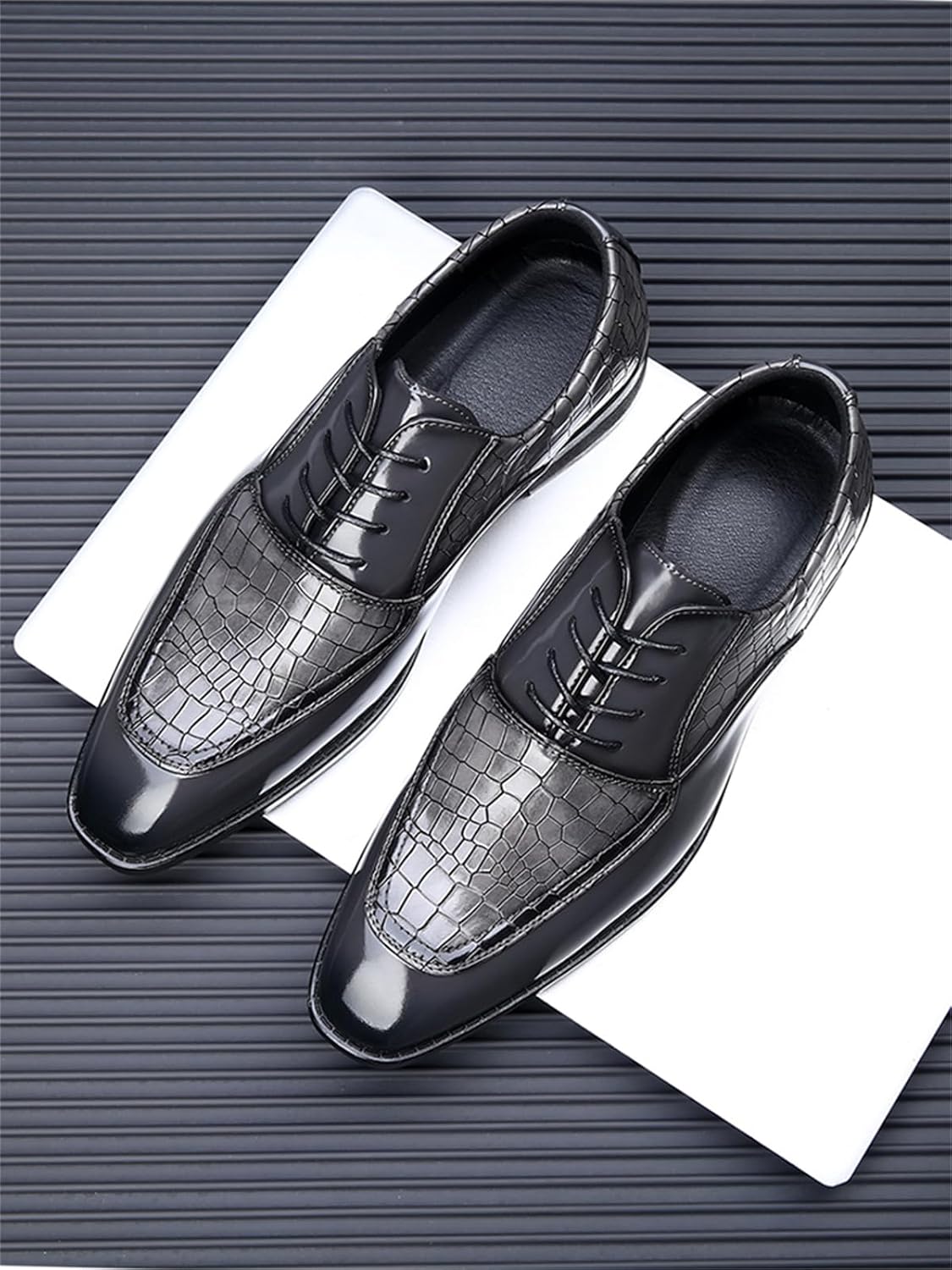 Men's Crocodile Print Square-Toe Dress Shoes Tuxedo Formal Business Casual Oxfords Retro Derby - Image 6