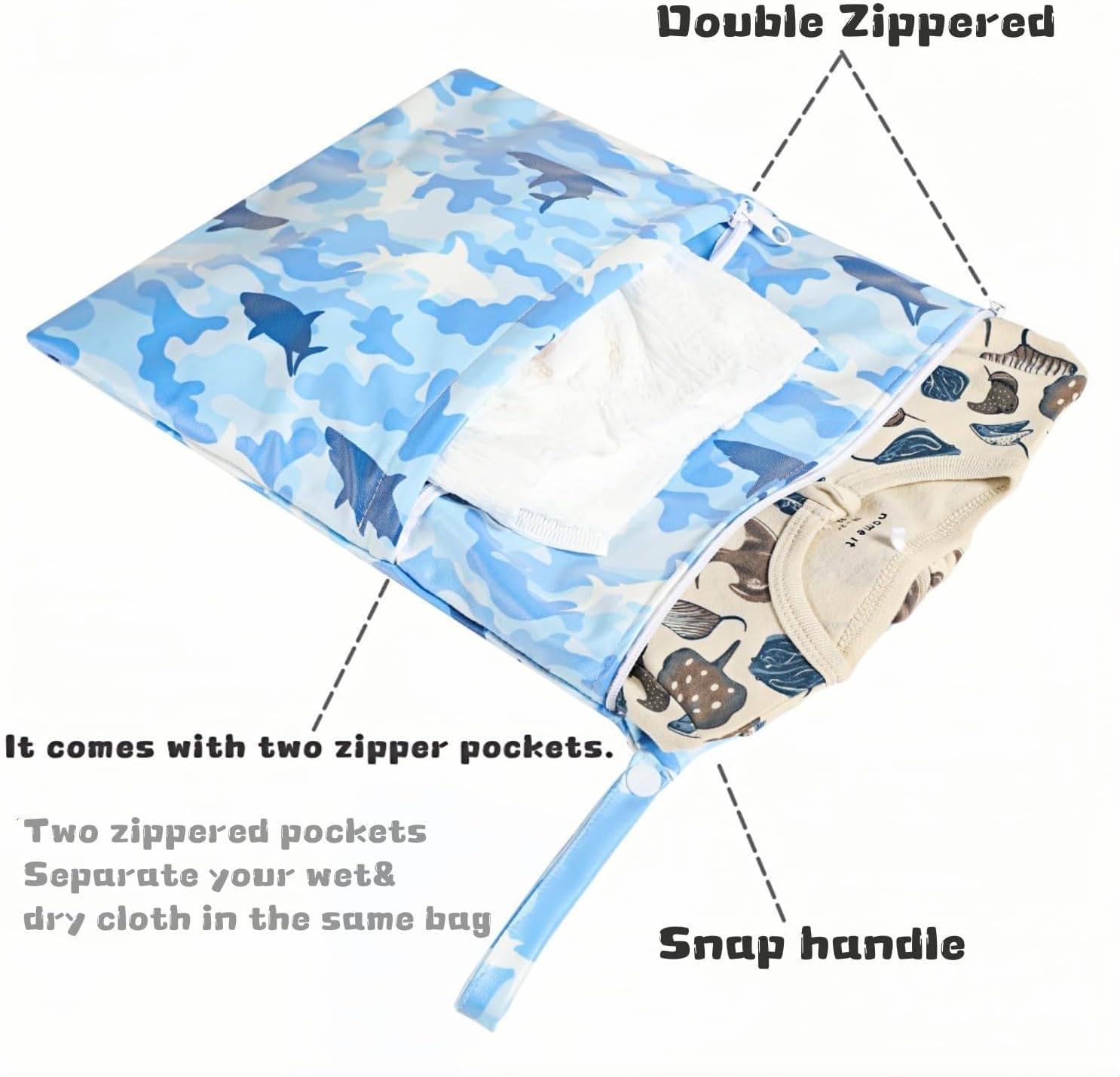 2-Pack Baby Wet Dry Bags Waterproof Reusable Diaper Bags with Two Zippered Pockets Travel Beach Pool Gym and Yoga Bag for Cloth Diapers Wet Clothes Swimsuits and Breast Pump Parts (Dolphin Small)