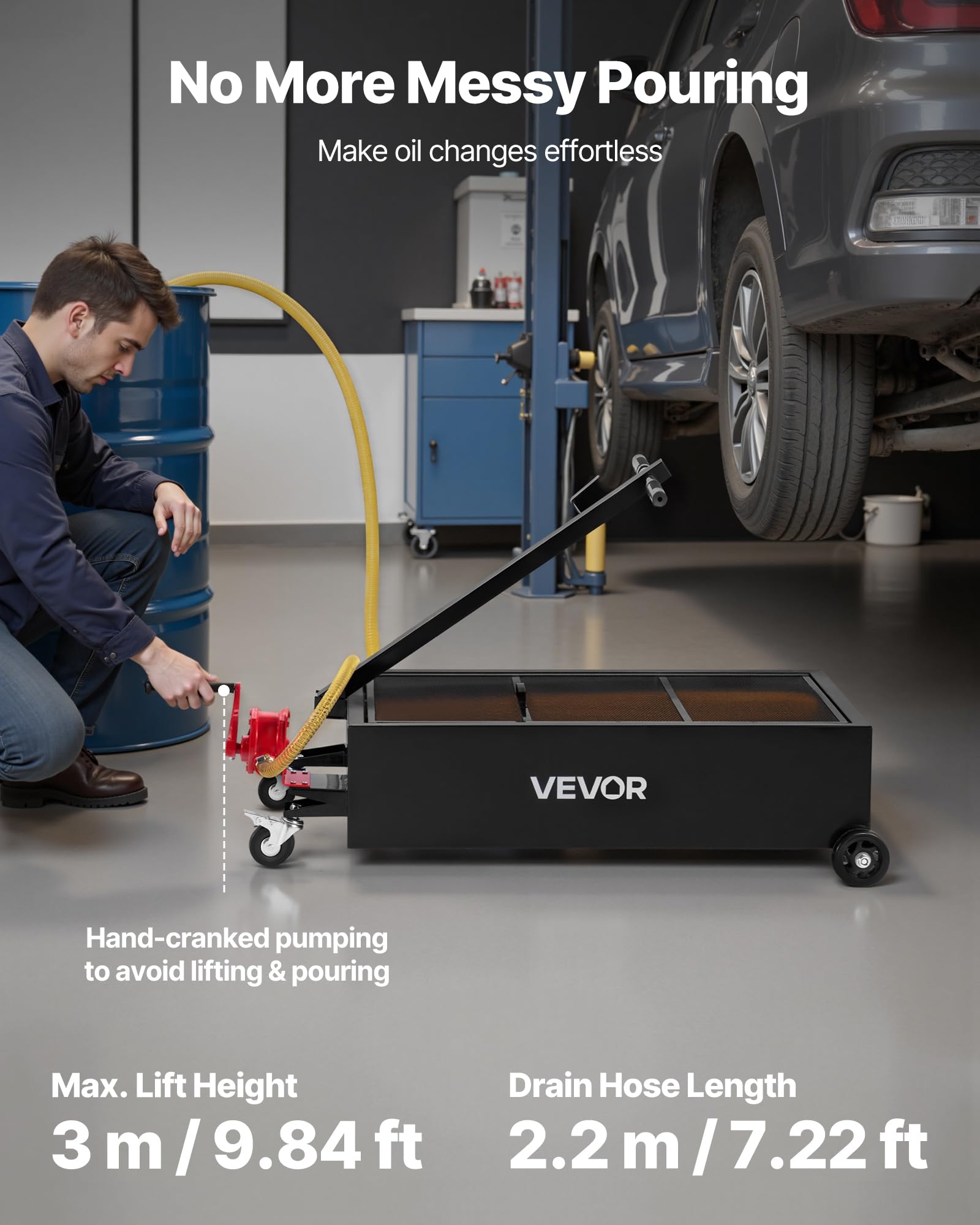 VEVOR Bandeja de Drenaje de Aceite de Perfil Bajo, Capacidad 94,6 L, con Ruedas y Bomba Manual, Manguera de 2,2 m y Asa Plegable en T, Resistente a la Corrosión, para Coches, SUV, Camiones, Negro