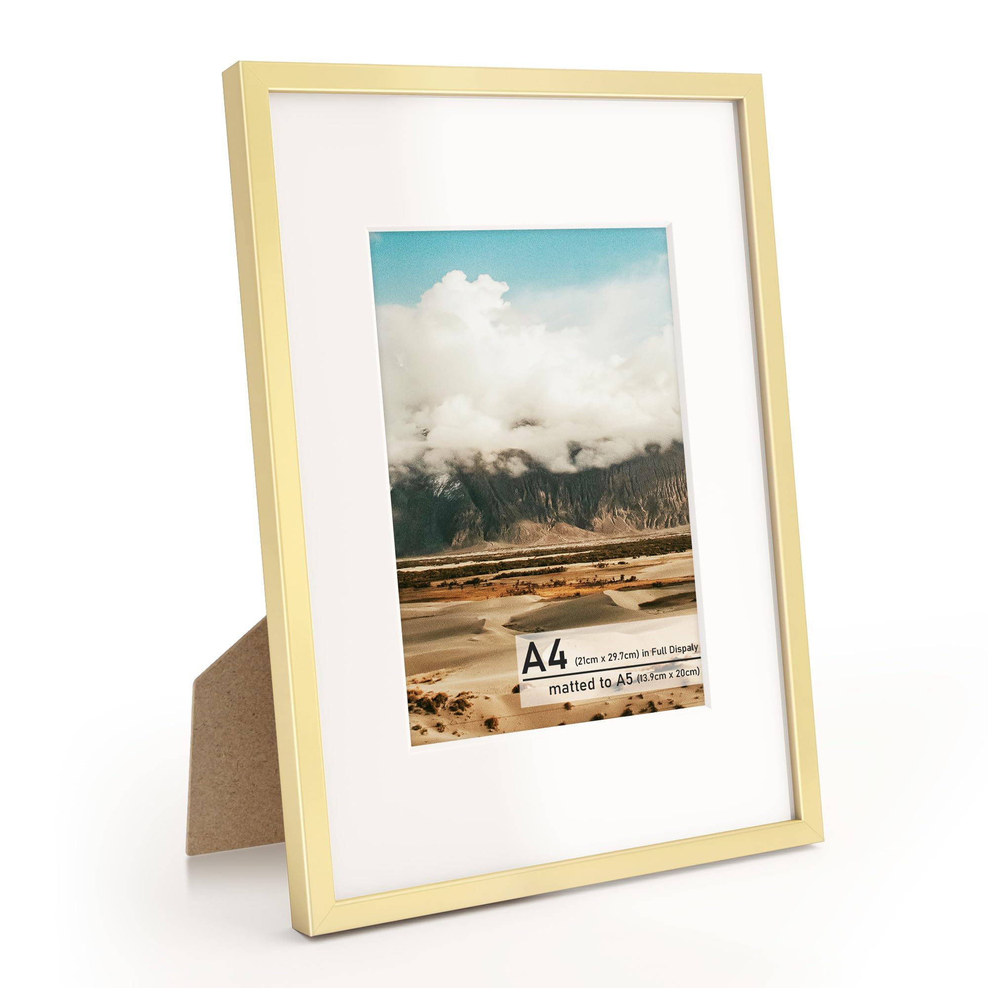 Metal Picture Frame A5(13.9x20cm) with Mat or A4(21x29.7cm) Without Mat, Upgrade Aluminum Photo Frames, for TableTop Display and Wall Mounting, Wall Hook Hanging Hardware Included, Gold