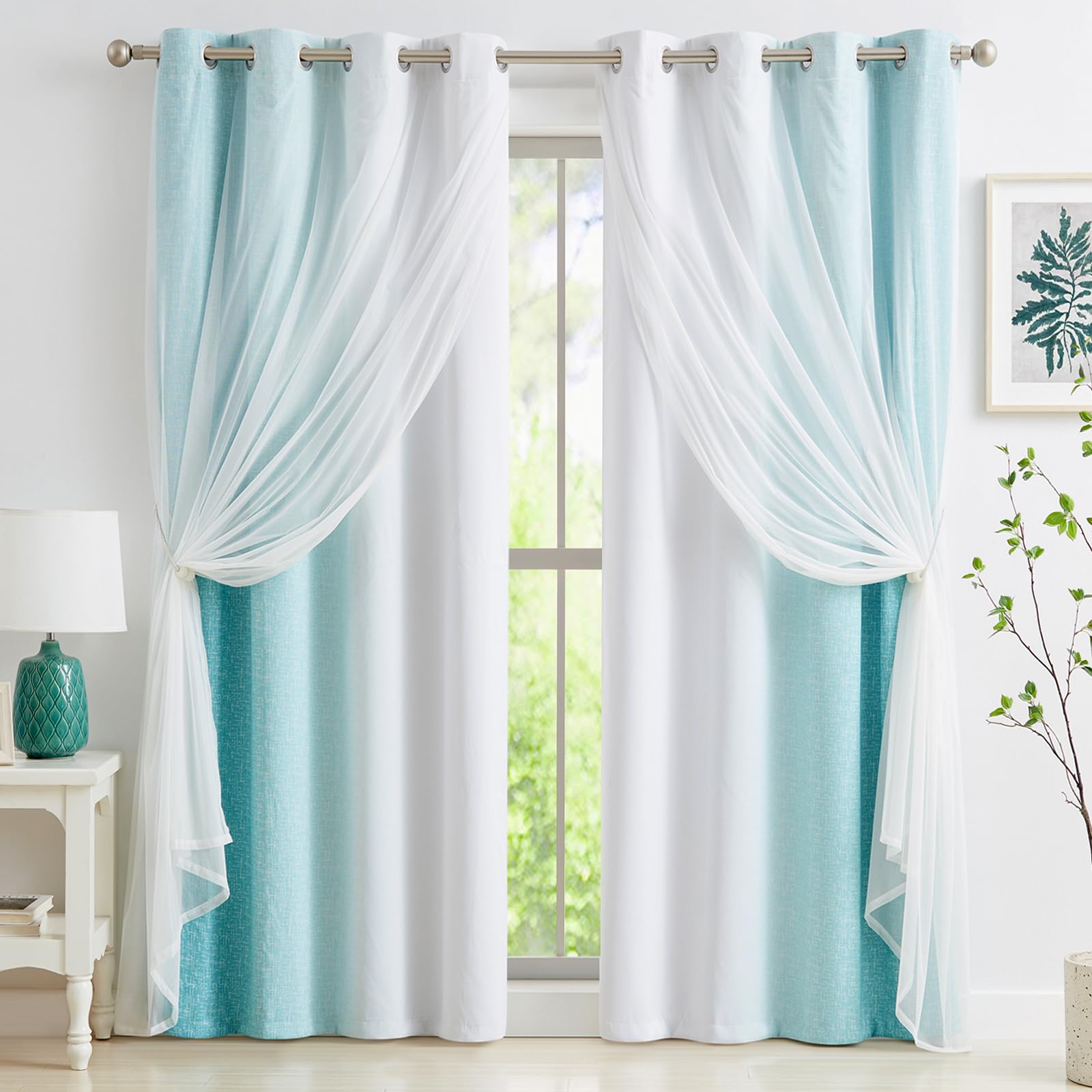 Geomoroccan Ombre Blackout with White Lace Sheer Elegant Layered Curtains,Mix and Match Grommet Thermal Insulated Curtain for Bedroom and Living Room 2 Panels (52"x95",Teal and White)