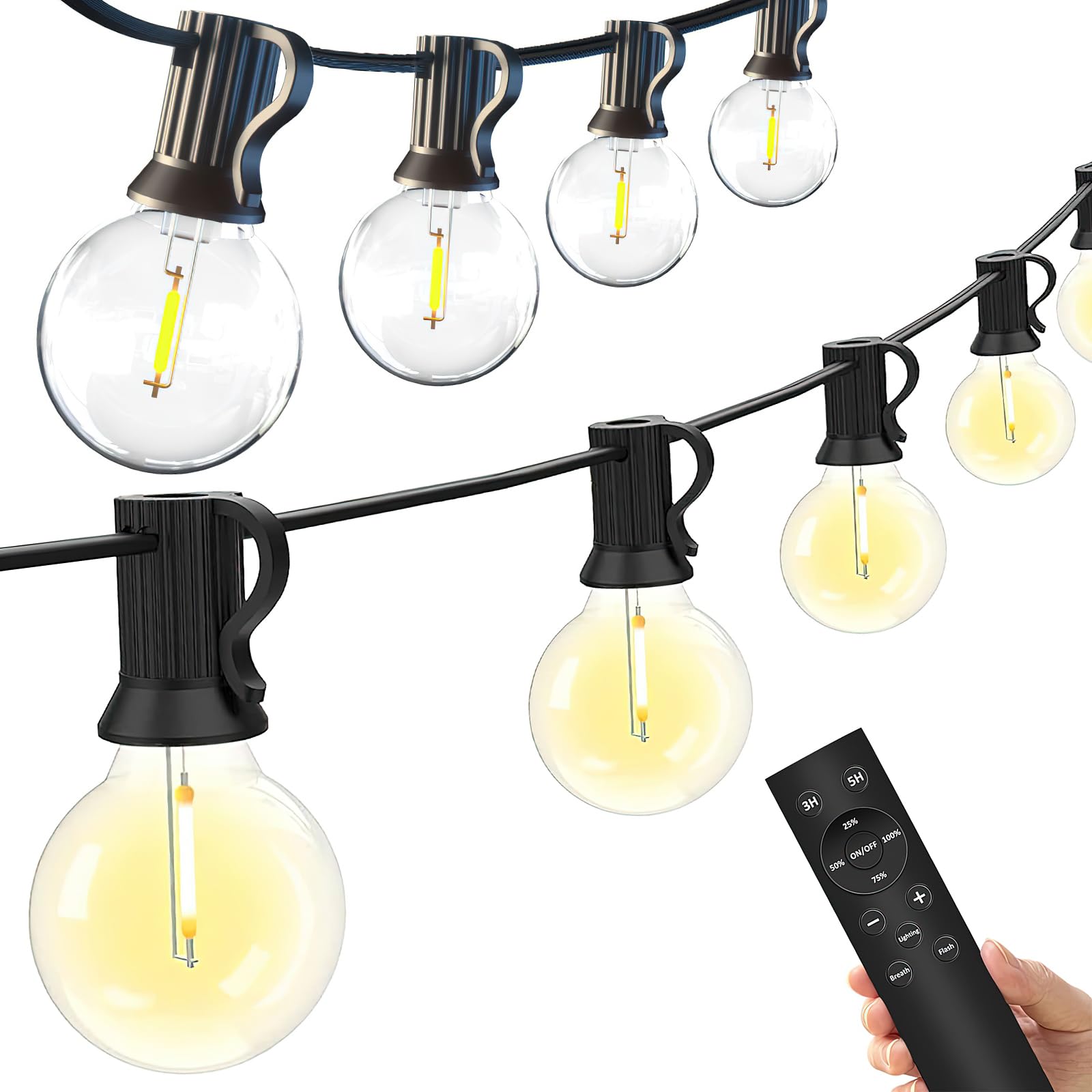 ZONJIE - Guirnalda luminosa exterior (15 m/50 pies) G40 - Guirnalda de luces eléctrica exterior con mando a distancia, 3 modos, intensidad variable e impermeable - Guirnalda de luces para cenador