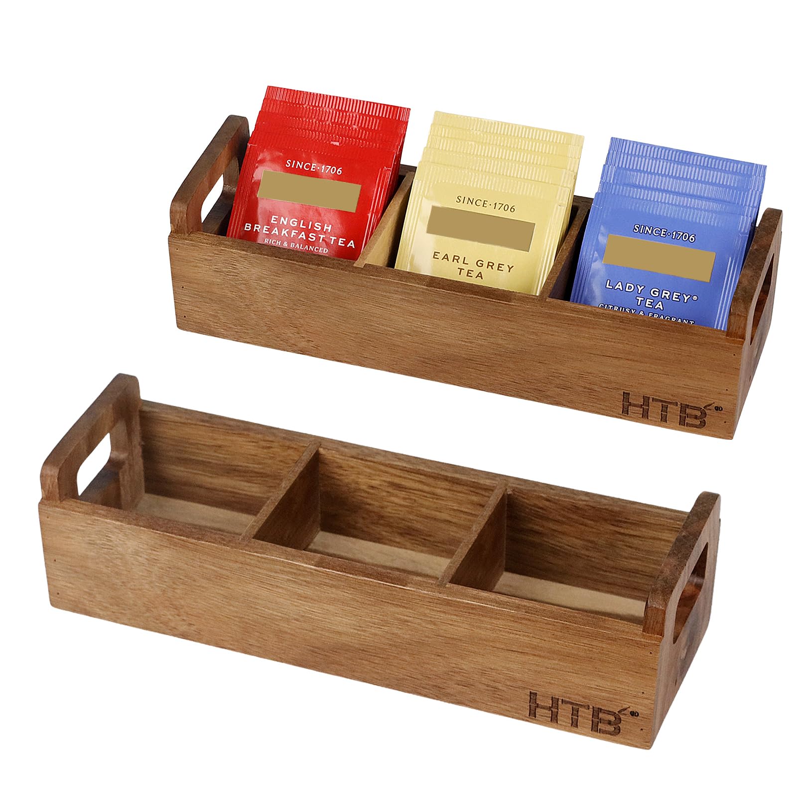 HTB Small Wooden Tea Bag Box 2PCS, 3 Compartments Acacia Wood Tea Bag Chest with Handle, Mini Countertop Divided Storage Container for Beverage