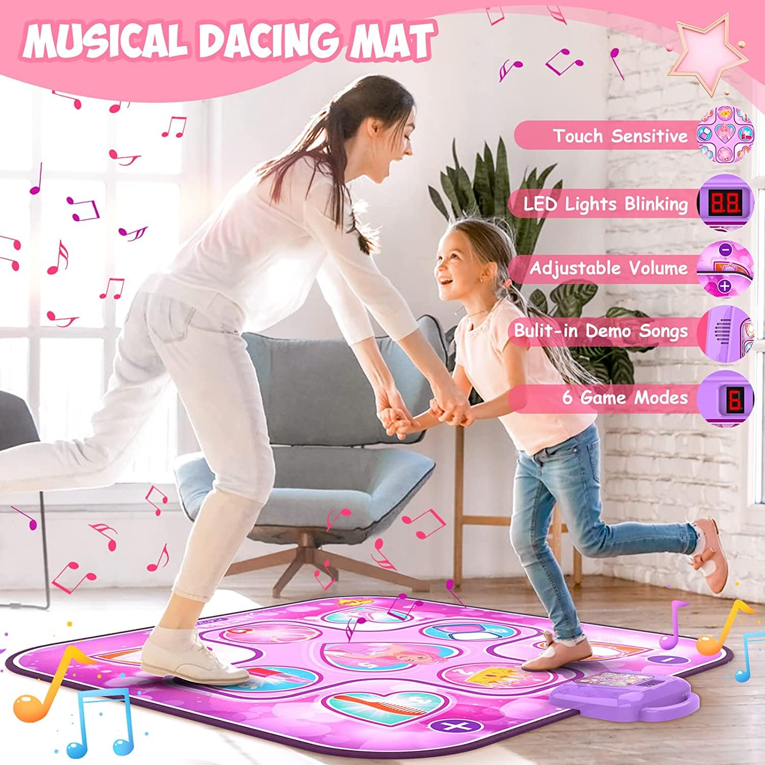 Tappetino da Ballo per 3-12 anni Tappetini da Ballo Musicale per Bambini Tappeto da Ballo con Luci LED 6 Modalità di Gioco Musica Incorporata Regalo di Compleanno di Natale per Bambini e Bambina
