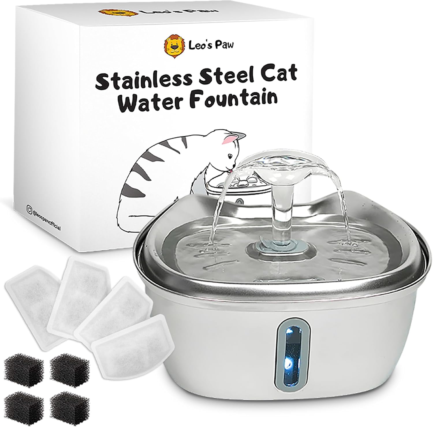 Leo's Paw Stainless Steel Cat Water Fountain 101oz/3L Food-Grade 304 Material Automatic Water Dispenser w/Water Level Window Multi-Layer Filter Ultra Quiet & Peaceful Flow (Fountain + 4 Filters)