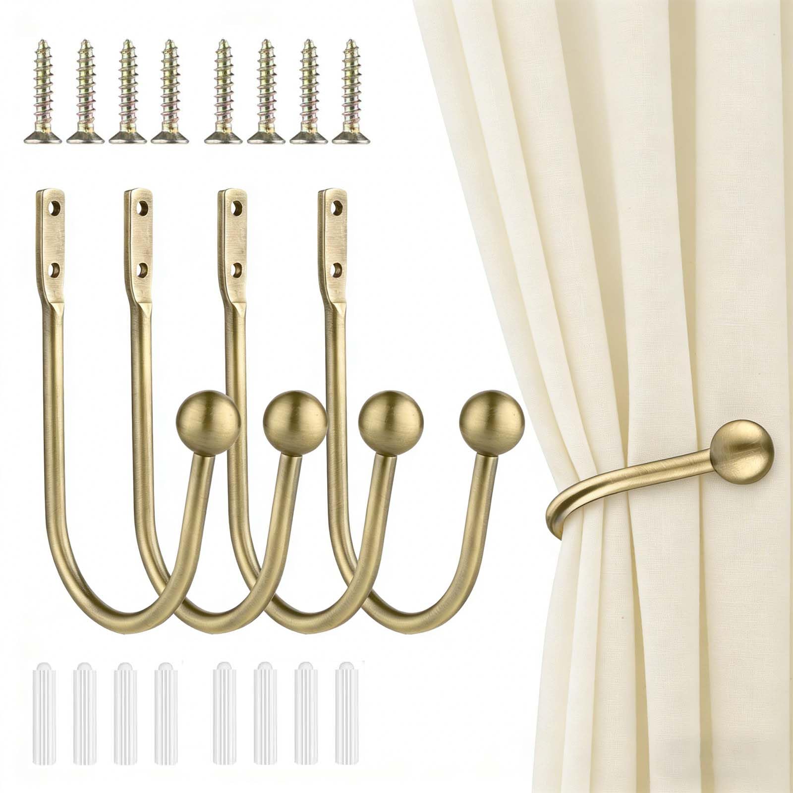 Curtain Tieback Holdbacks, 4pcs Metal Curtain Hooks for Wall Mounted, Curtain Drapery Holder Pull Backs for Hanging Items, Window Decoration, Antique Brass