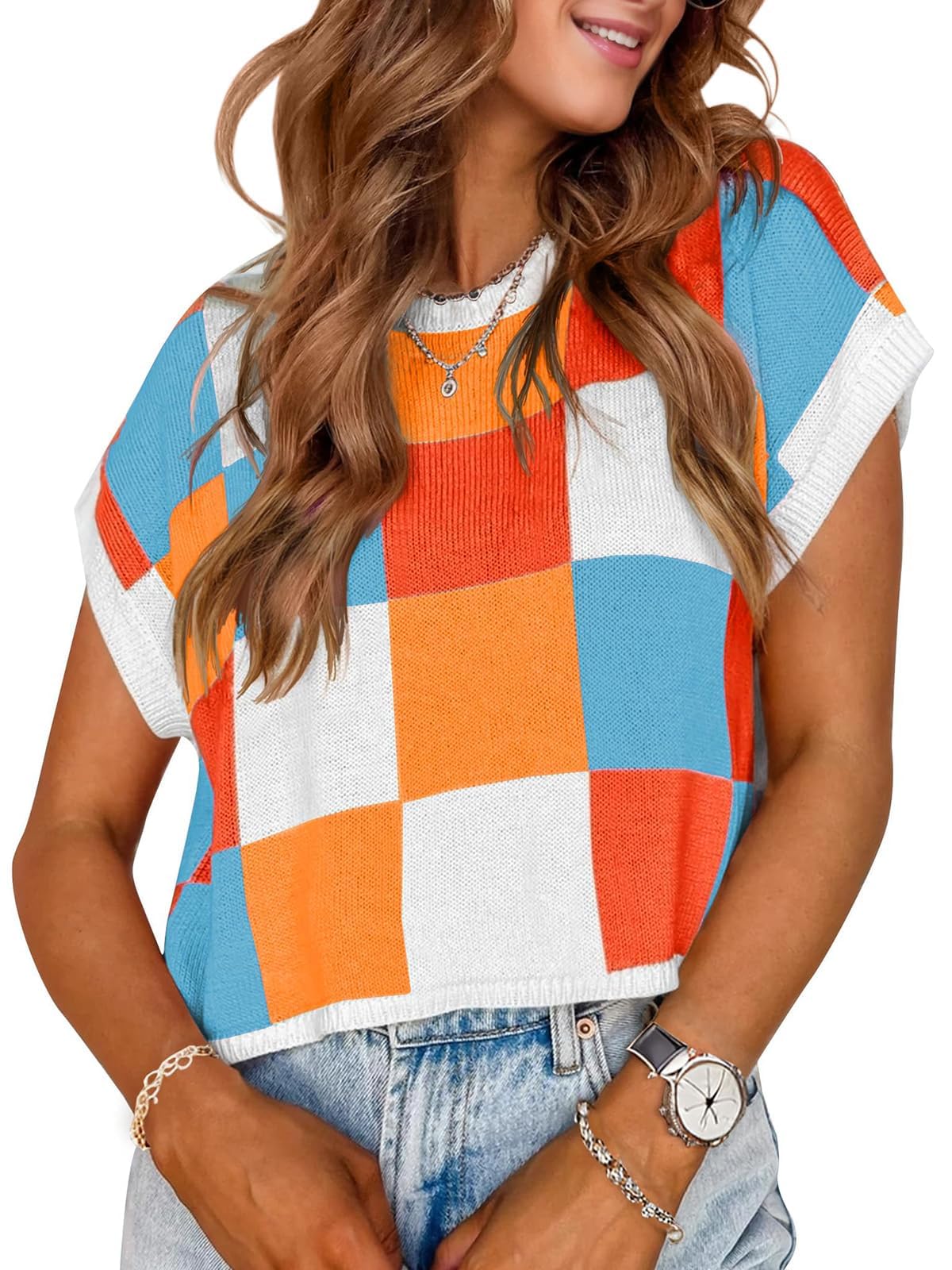 Womens Spring Summer Crop Tops 2026 Cap Sleeve Sweater Vest Western Rodeo Loose Cute Trendy Top Vacation Outfits-image-3
