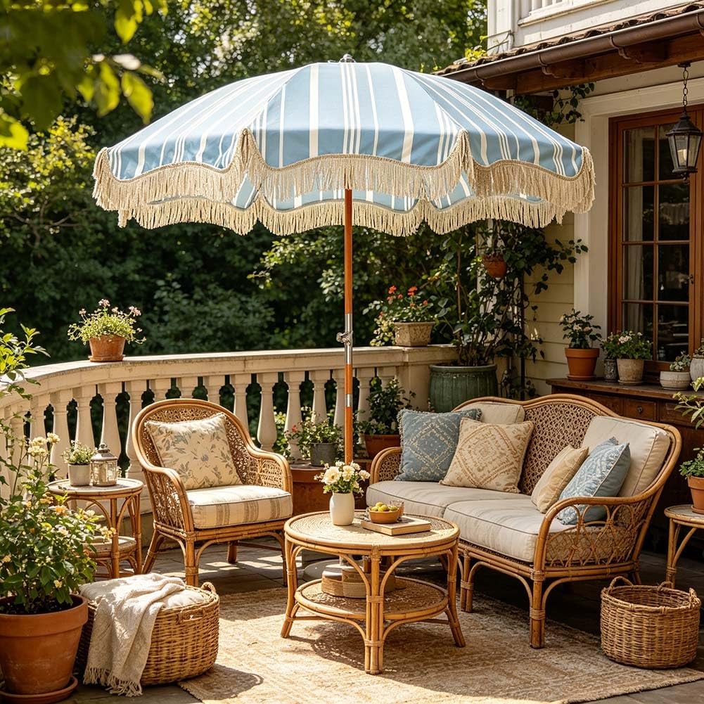 Boho Parasol Plażowy z Frędzlami 200 cm, Parasol Ogrodowy w Paski z Regulacją Nachylenia, Ochrona UV Wodoodporny do Basenu, Ogrodu i na Zewnątrz