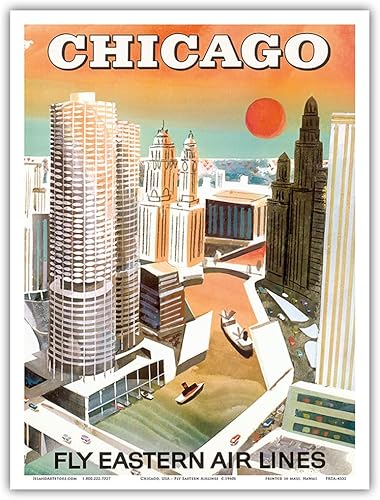 Chicago, USA - Marina City, Chicago River - Fly Eastern Airlines - Póster de viaje de aerolínea vintage c.1960s - Impresión artística maestra de 9 x