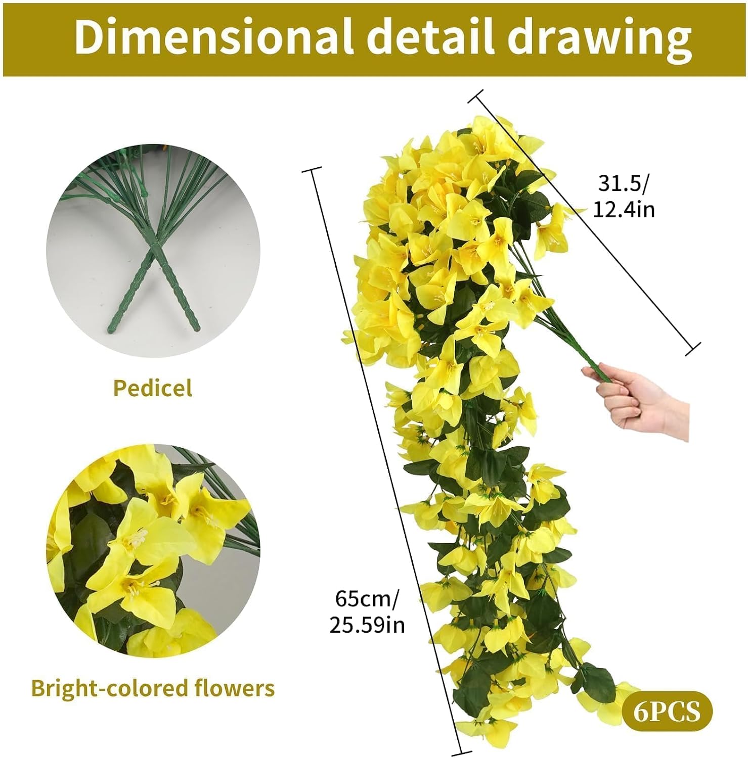 6PCS Fake Hanging Flowers Plants for Outdoor Spring Summer Decoration Yellow Artificial Flowers Outdoor Faux Bougainvillea UV Resistant Look Real for Outside Porch Planter Garden Decor
