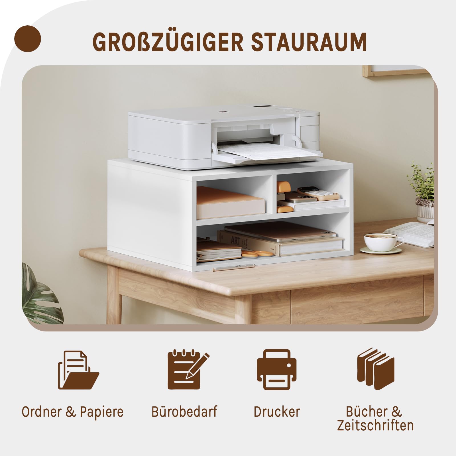 WOLTU Schedario da Ufficio a 2 Livelli con Custodia, Porta Stampante da Scrivania in Legno con 3 Scomparti per l'Ufficio, 47x40x22,5cm, Bianco, ASK15ws