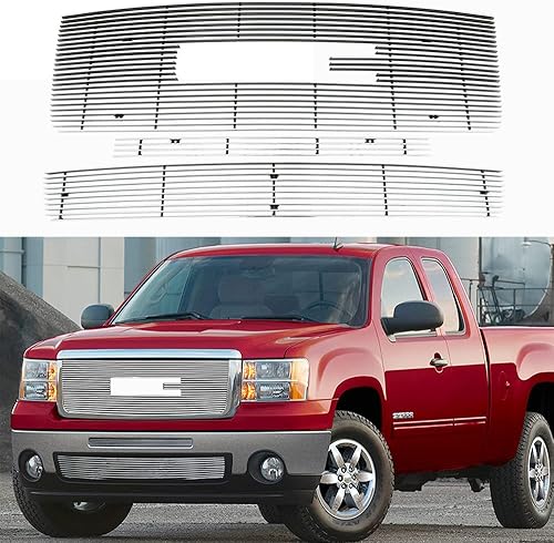 Inserto de parrilla delantera compatible con GMC Sierra 1500 2007-13 New Body2007-2010 Denali parachoques superior cromado billet aluminio rejilla