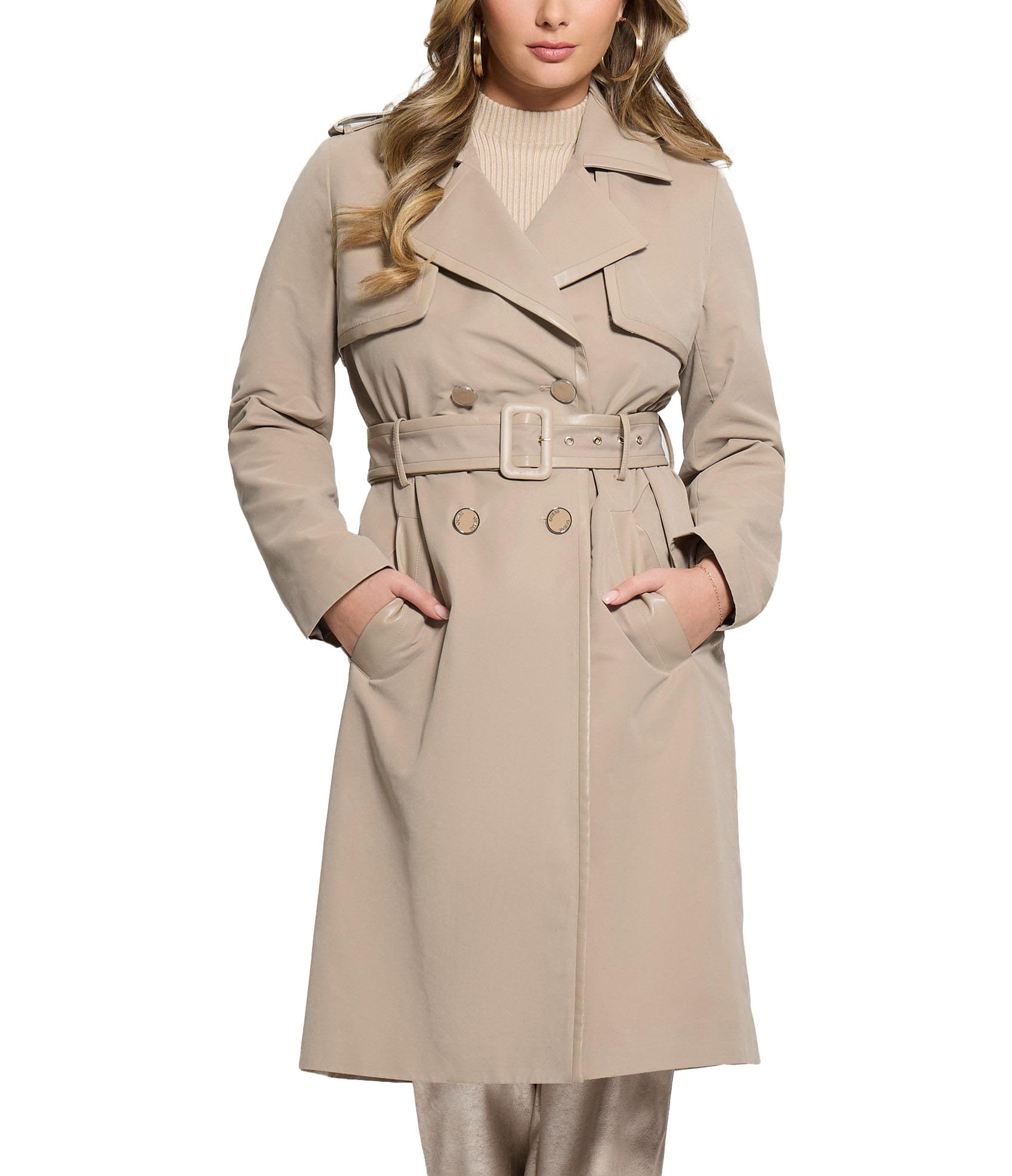 GUESS Women's Eco Jenny Faux Leather Details Trench
