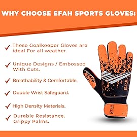 EFAH SPORTS Soccer Goalkeeper Gloves for Kids Boys Children Youth Football Goalie Gloves with Super Grip Protection Palms (Size 8 Suitable for Size M-L Adult, Orange)