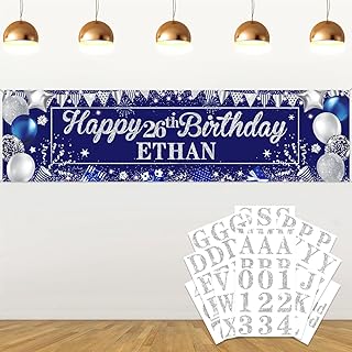 Personalized Birthday Banner for Party, with Name & Ages Option-Custom DIY Alphabet & Numbers Stickers Birthday Party Backdrop Indoor/Outdoor Celebrations (Blue Silver)