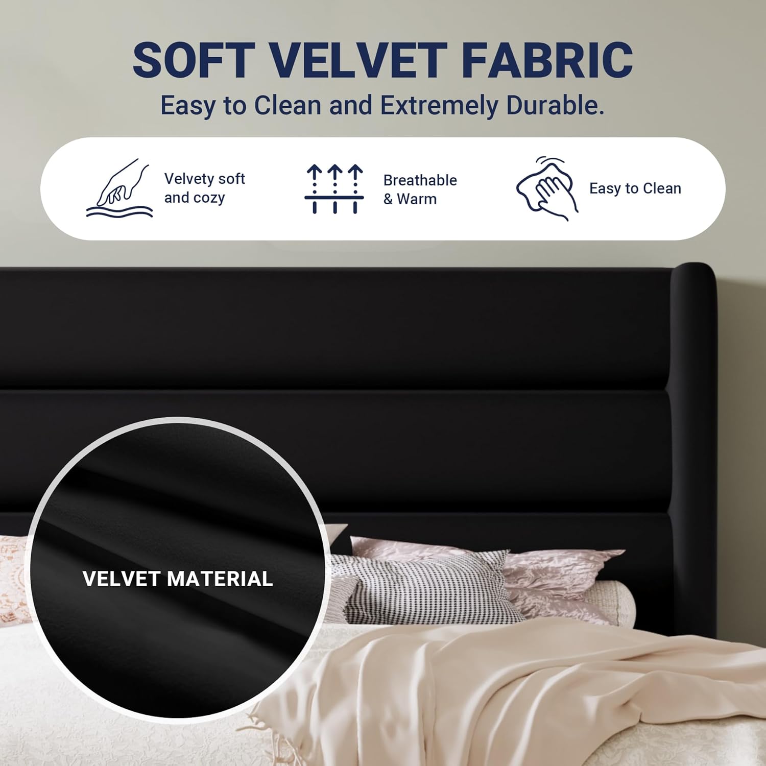 Allewie Queen Size Platform Bed Frame with Velvet Upholstered Wingback Headboard, No Box Spring Needed, Under Bed Storage Space, Strong Wooden Slats, Modern Mattress Foundation, Easy Assembly, Black - Image 7