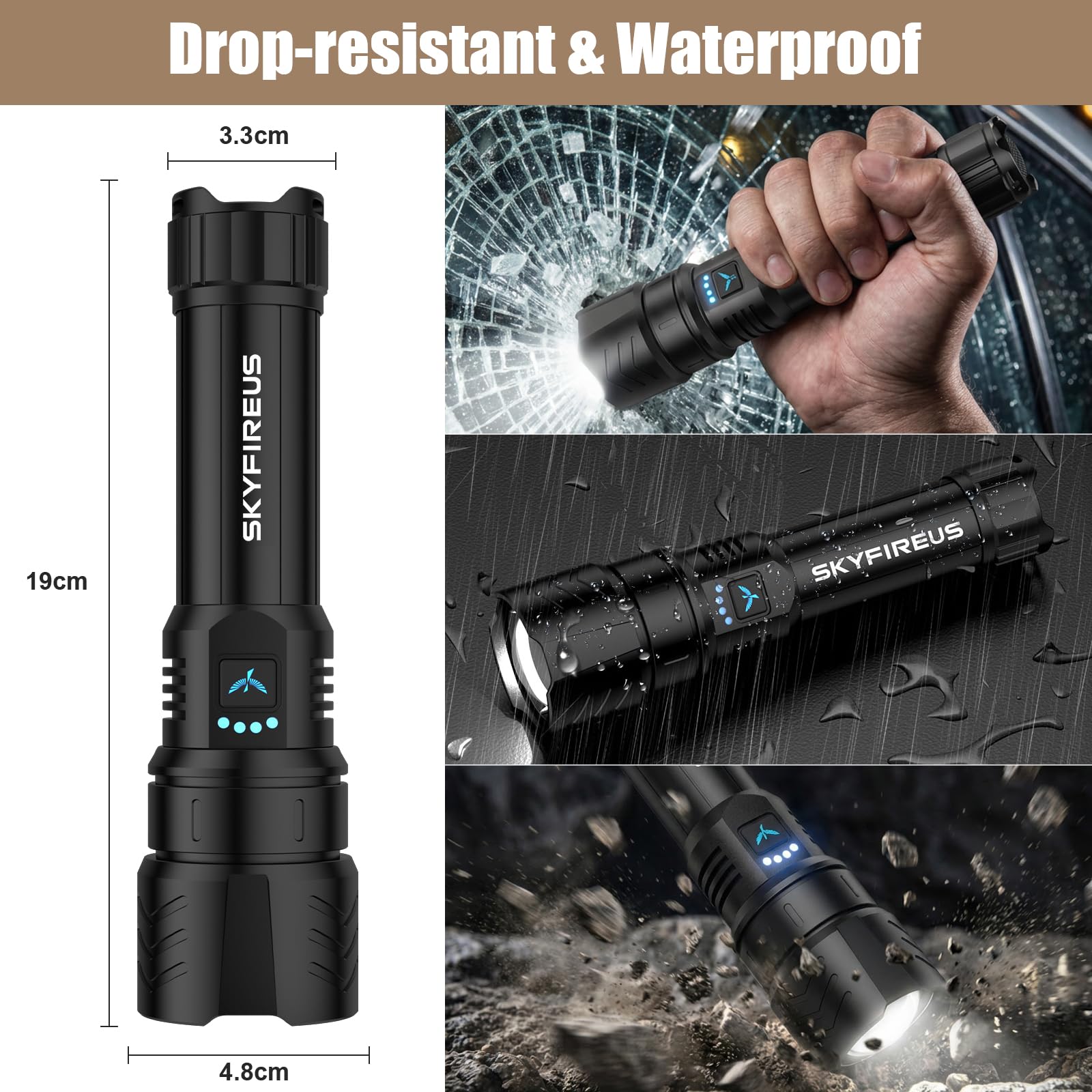SKYFIRE Torcia LED Potente Professionale | 900.000 Lumen Torcia Ricaricabile USB, 4 Modalità Luminose con Zoom | Lente Accendi-Fuoco | Impermeabile, ideale per Campeggio, Militare ed Emergenze