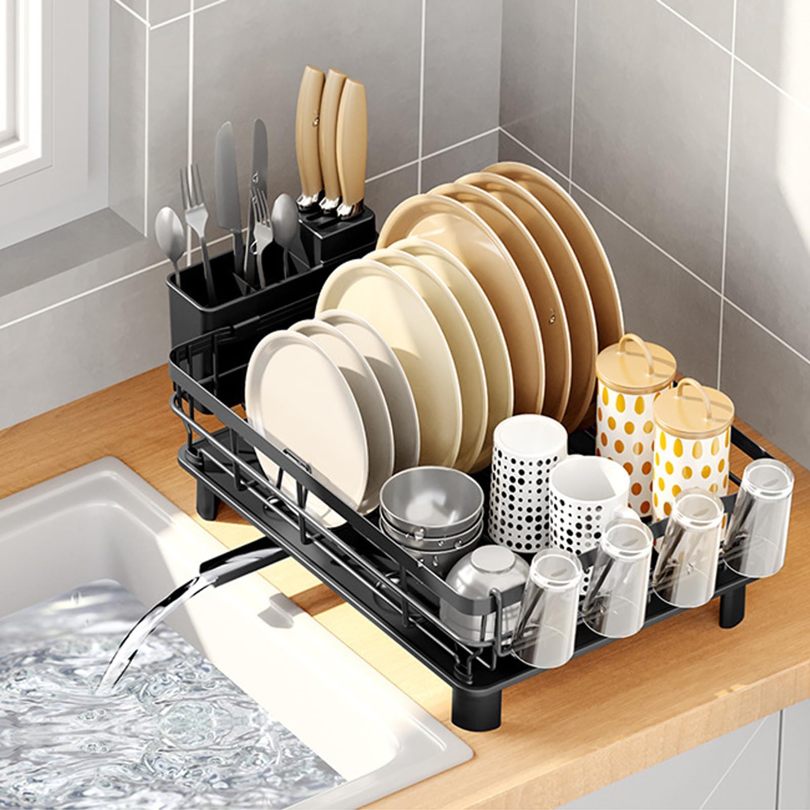 JOUING Dish Drainer Rack with Drip Tray Kitchen Dish Drying Rack with 360°Swivel Spout Metal Sink Drainer with Removable Cutlery Holder (Black, Large)
