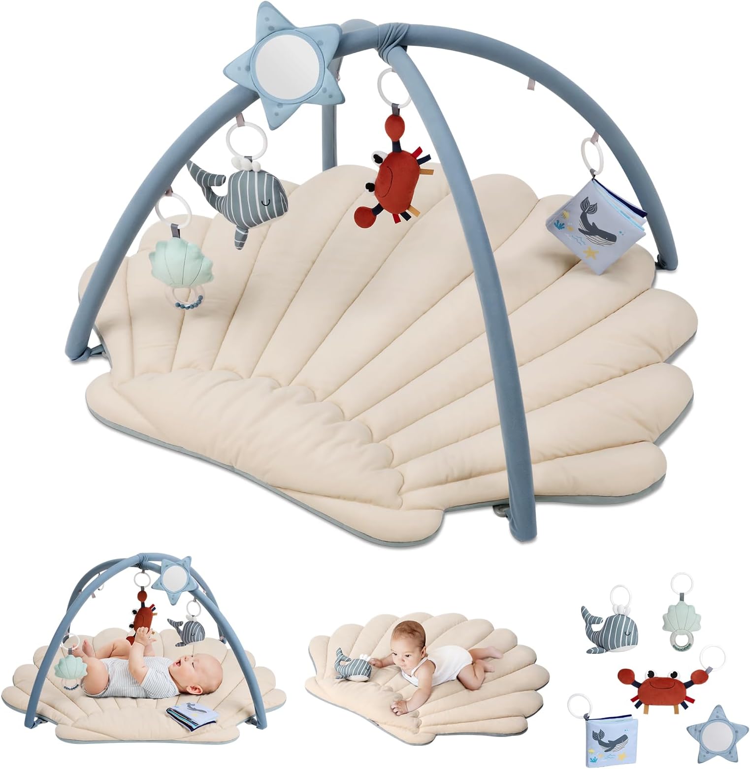 Blissful Diary Shell Baby Play Gym Mat, Thicker & Enlarged Tummy Time Mat w 5 Detachable Toys for Sensory & Motor Skill Development, Activity Mat for Newborn Essentials Shower Gift, Boho Ocean Theme
