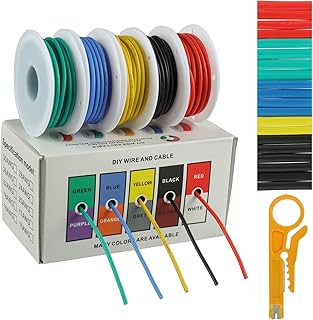 BOJACK 18 AWG Flexible Silicone Wire Electric Wire Hook up Wire Kit 300V Cables with Plus 20 φ3mm Heat Shrink Tubings and a Mini Wire Stripper(5 Colors 16.4Ft Each Color, 18AWG)