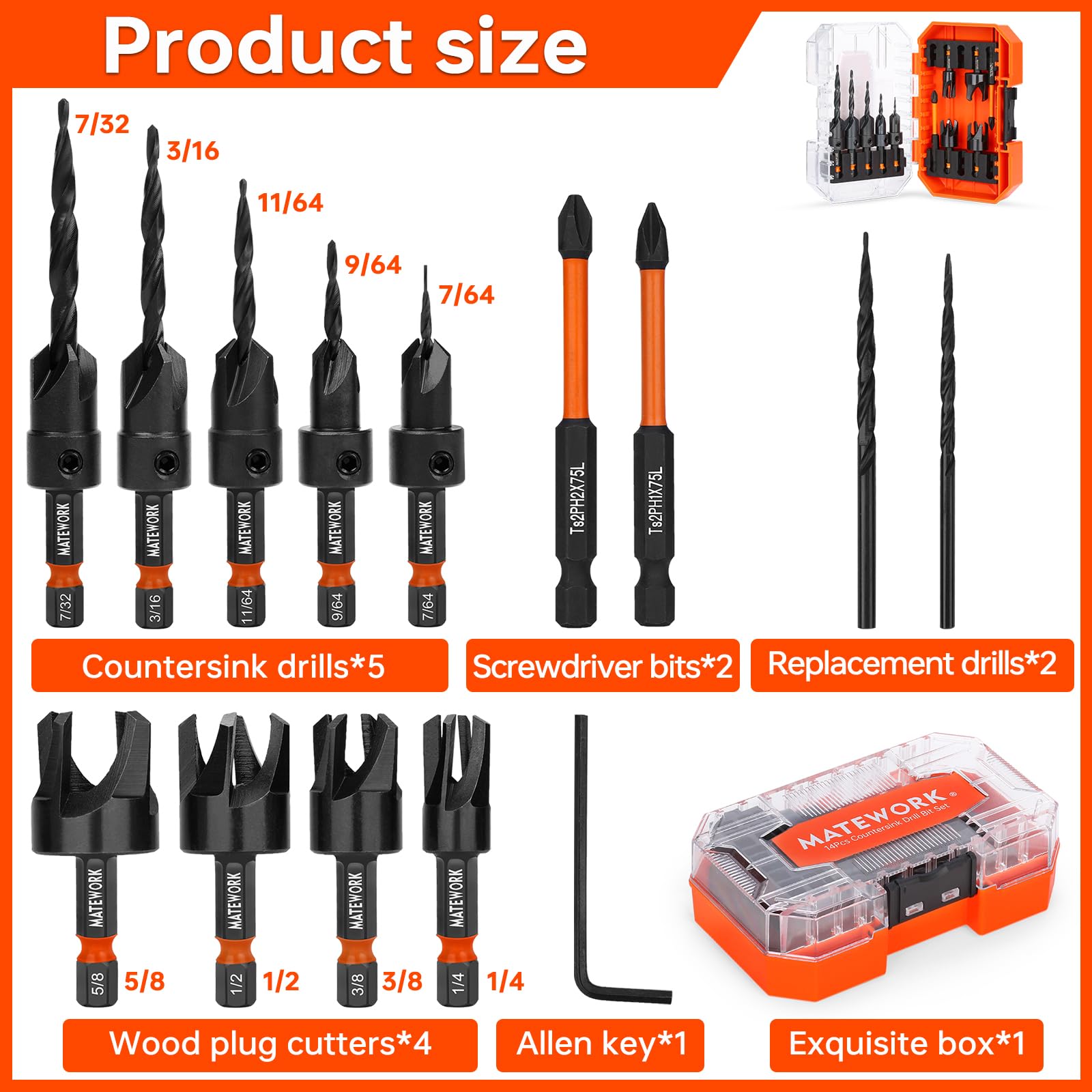 Wood Plug Cutter Set EZARC Countersink Drill Bit Set 15-PC - Tapered ...