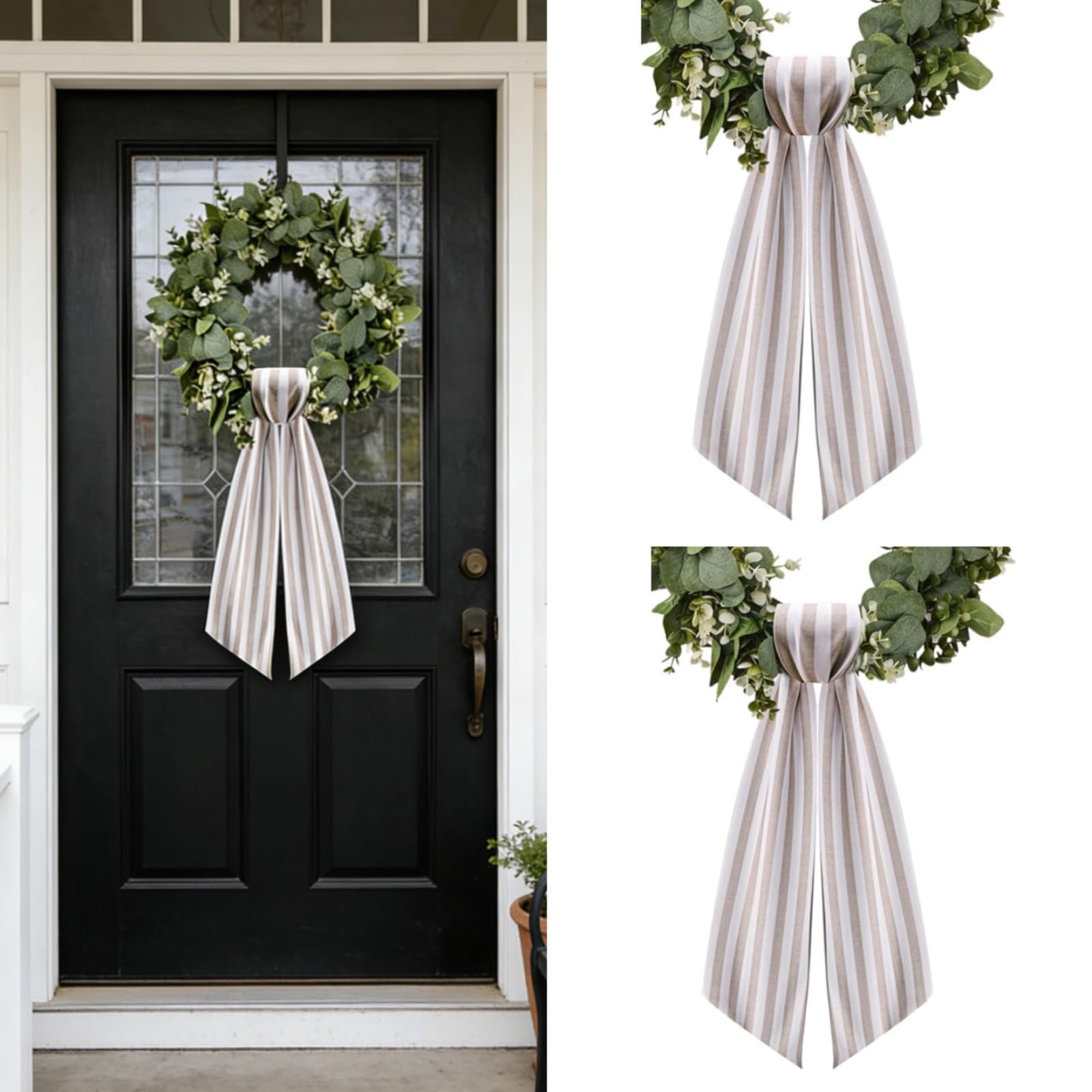 Dream Loom Wreath Sash for Front Door, 2Pcs Grey and White Stripe Wreath Sash Garland Accessories Decor for Yard Doorway Indoor Outdoor Wedding Home Decor