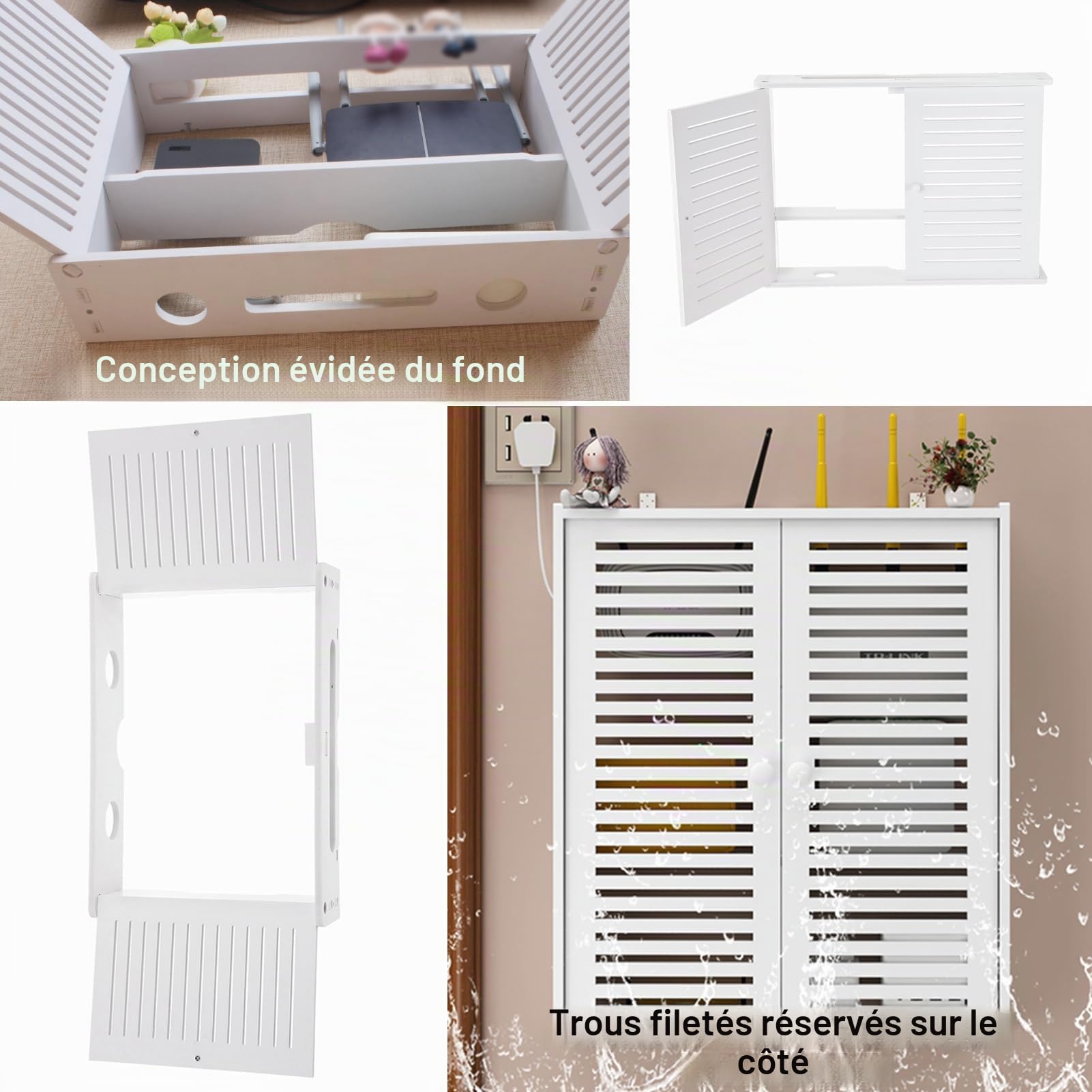 Étagère murale en PVC pour routeurs et prises WLAN - 2 niveaux réglables en hauteur avec portes battantes - Gestion des câbles anti-poussière (boîte à câbles) - Gain de place pour salon