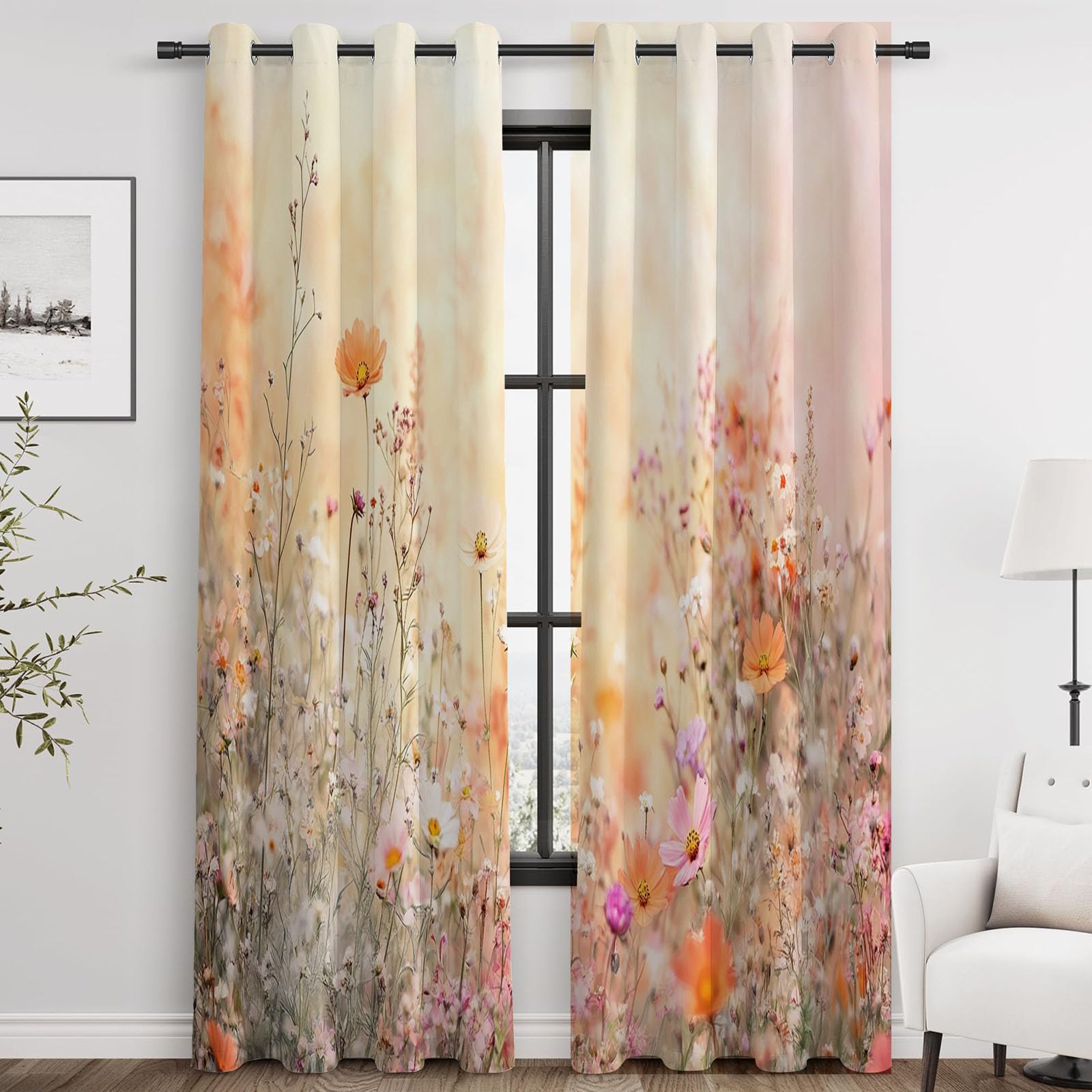 Zestaw 2 zasłon kwiatowych, półprzezroczyste, do salonu, sypialni, okna, wys. 230 x dł. 130 cm (2 panele)