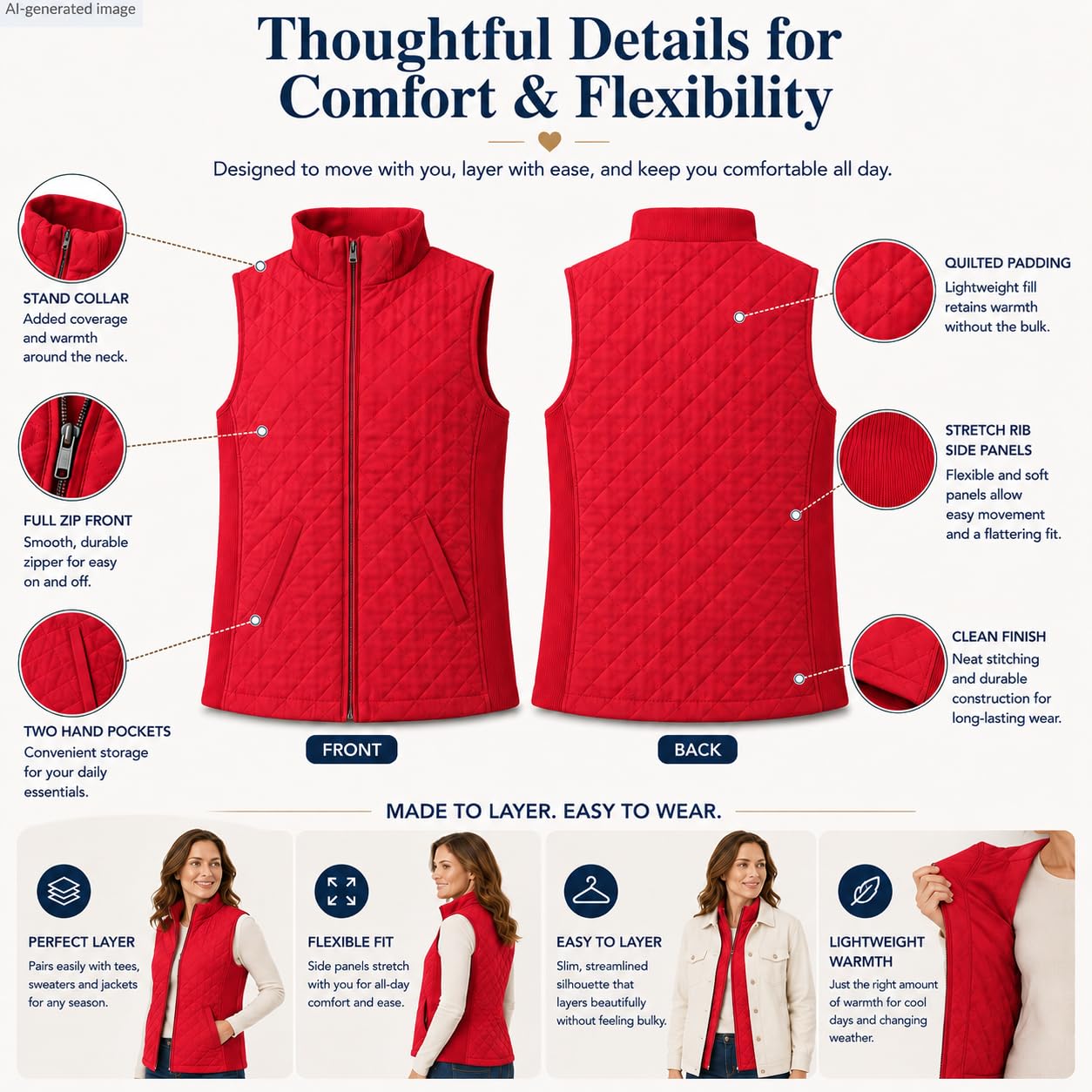 Bienzoe Gilet matelassé décontracté pour femme : veste légère et pliable sans manches, Rouge, 3X-Large