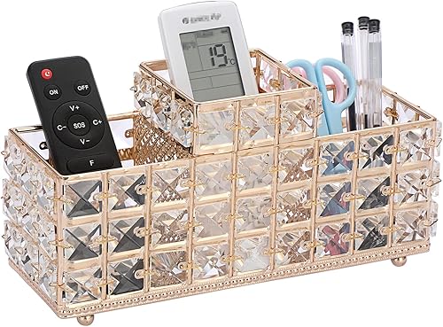 BTSKY Soporte de control remoto de cristal, organizador de escritorio de 3 ranuras, caja de almacenamiento de papelería multifunción, organizador de