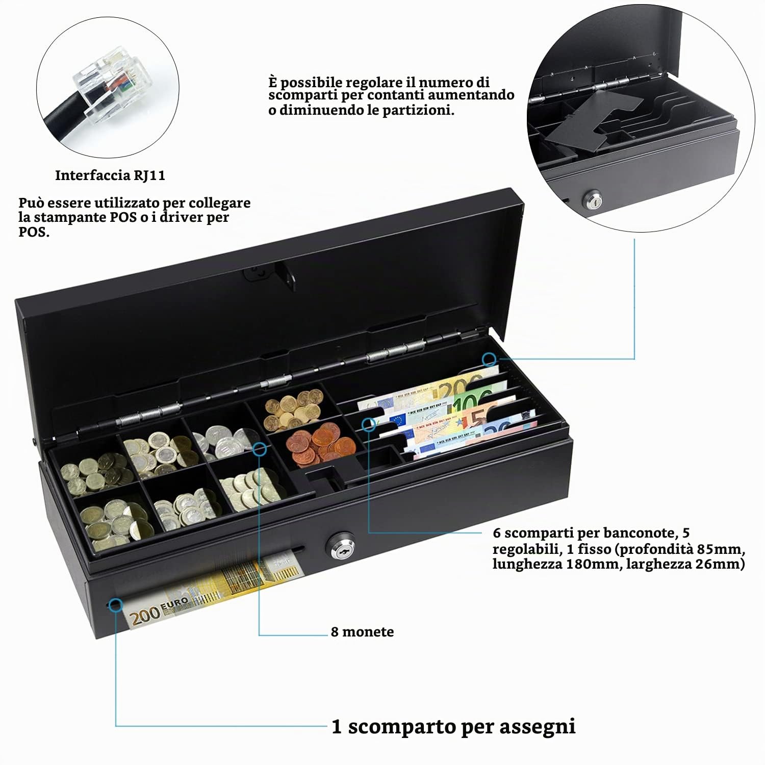 HONEY BEAR Flip-top Cassetto porta-denaro, 6 scomparti per le banconote e 8 per le monete, compatibile con stampante per ricevute POS da12V registratori di cassa con interfaccia RJ11/RJ12, Nero