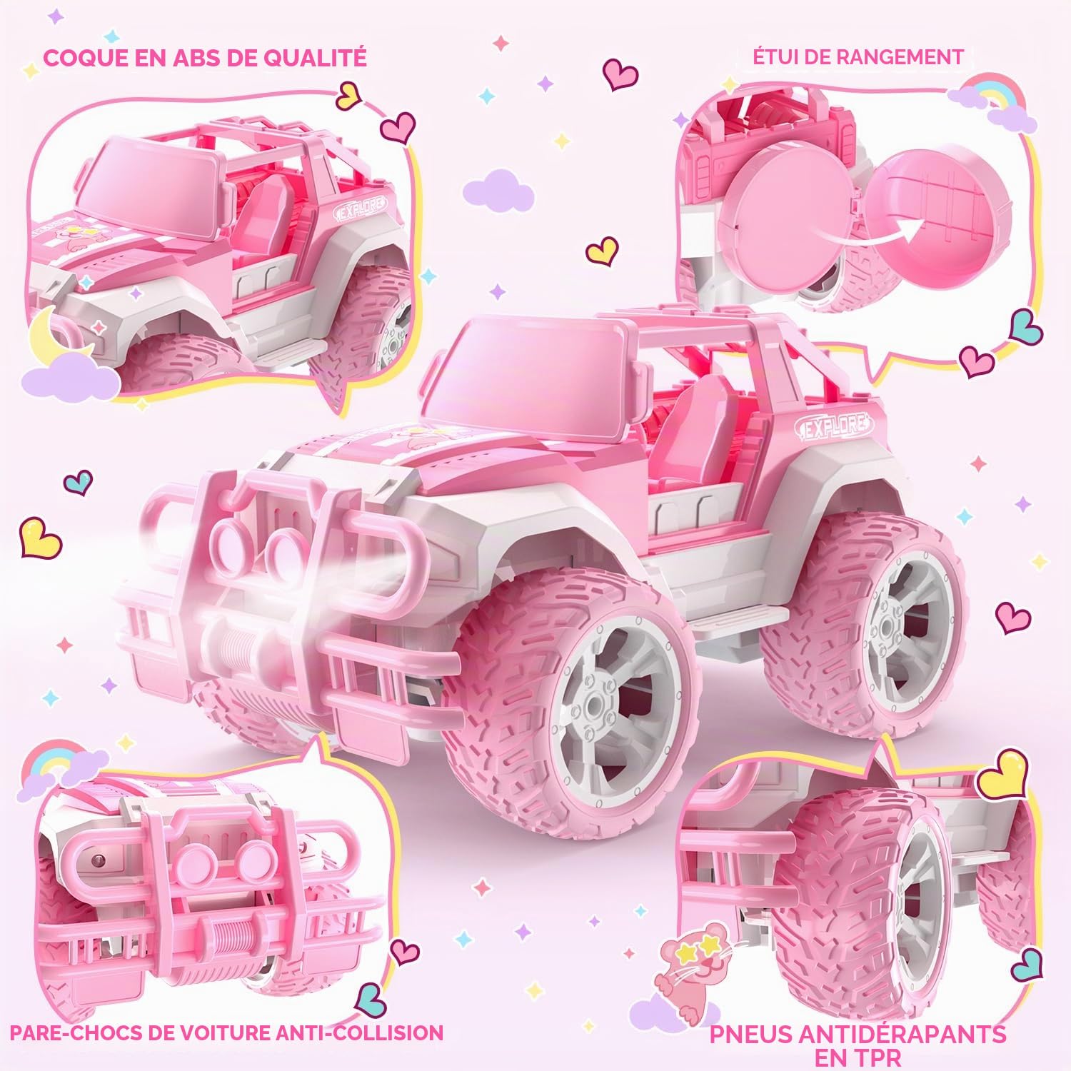 DEERC 1:18 Jeep Rose Voiture télécommandée Fille Phare LED 2.4GHz Monster Truck Voiture Tout-Terrain pour 6 7 8 9 Ans Garçons et Filles RC Voiture Jouet Cadeau Filles 6 Ans et Plus