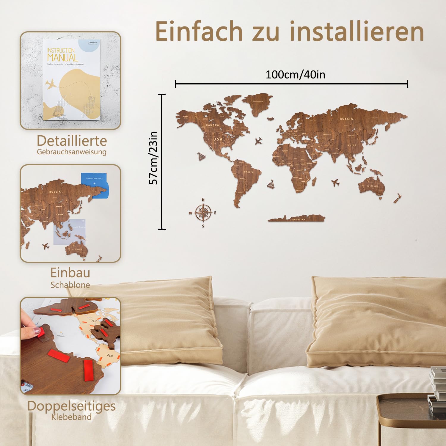 Creawoo Weltkarte Wanddekoration aus Holz, Walnuss Weltkarte Reisekarte Wanddeko Wandkunst für Büro, Wohnzimmer, Schlafzimmer (100x57 cm)