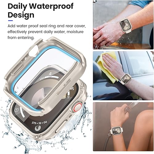 Miniatura 4 de Goton Funda resistente 2 en 1 impermeable para Apple Watch Series 8 Series 7 1.614in, protector de pantalla de vidrio 360, parachoques duro de
