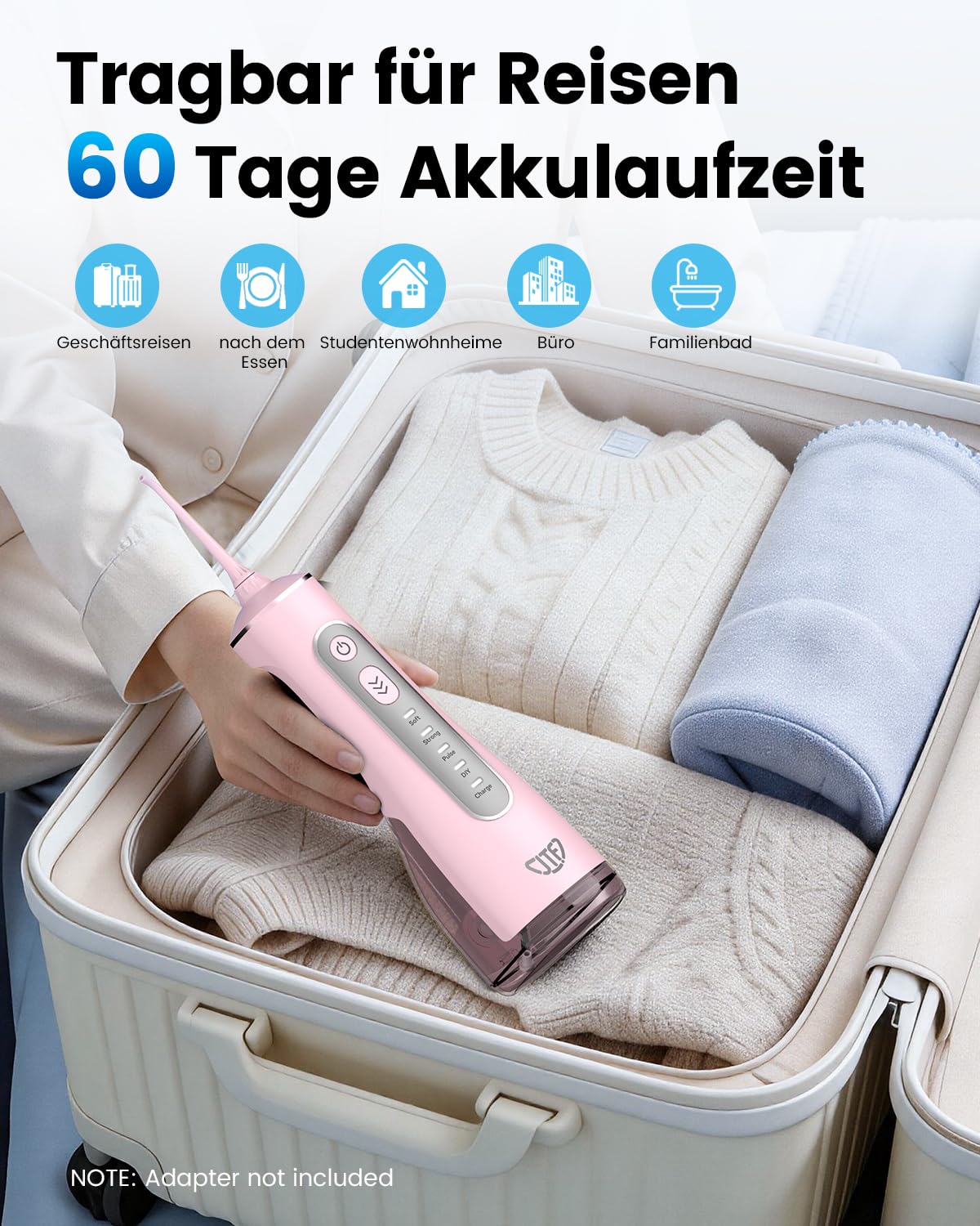 JTF Irrigatore Orale Senza Fili, 300 ML Idropulsore Dentale Portatile, 3+1 Modalità Professionale Elettrico Water Flosser per Pulizia Denti, Impermeabile IPX7 per Viaggi a Casa di salute orale（Rosa）