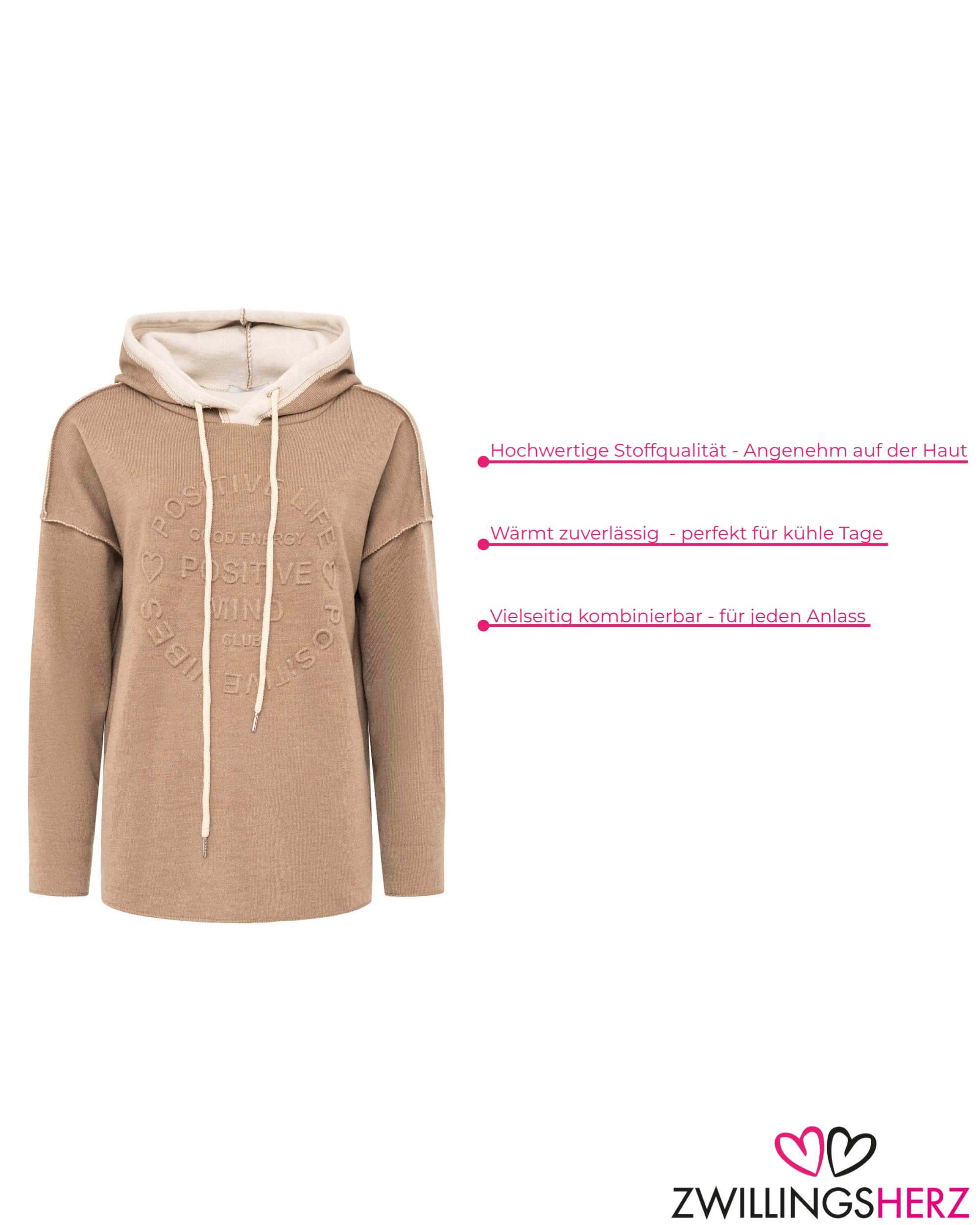 Zwillingsherz Double Face Hoodie Positive Mind - Hochwertiger Oversized Pullover für Damen Frauen – Kuscheliges weiches Sweatshirt mit Kapuze und Kordeln perfekt für Frühling Sommer Herbst Winter