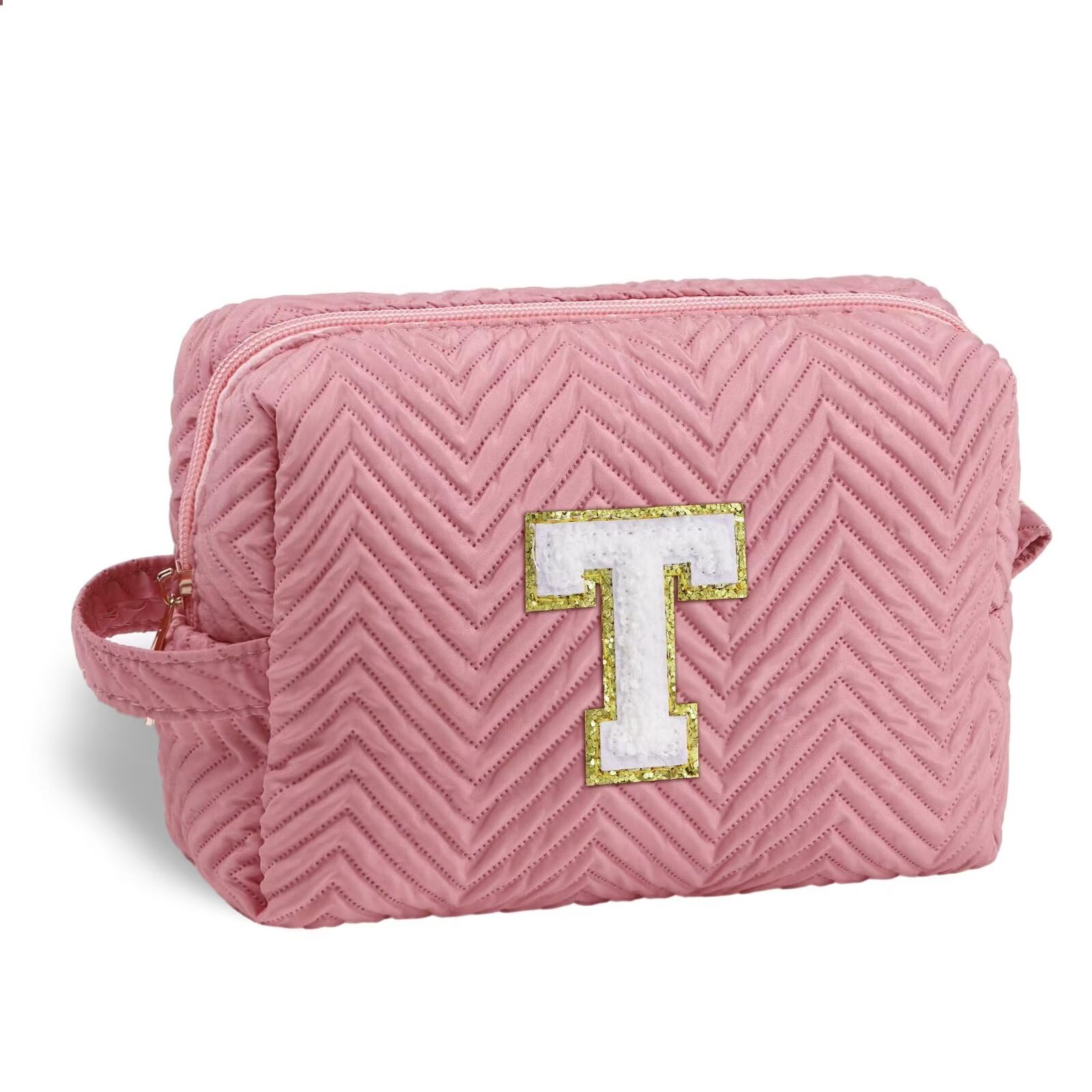 YOOLIFETeen Girl Gifts Trendy Stuff, Make Up Bag for Teen Girl Cosmetic Bags Cute Makeup Bag Gifts for Teenage Girls Skincare Bag Travel Essentials Birthday Gifts for Teen Girls Initial T