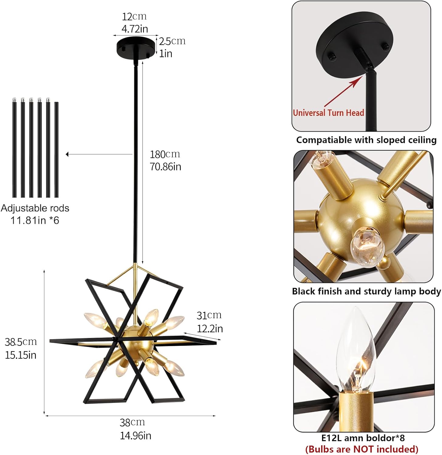Farmhouse Chandelier,6-Lights Industrial Rustic Dining Room Pendant Light,Adjustable Hanging Candle Light Fixtures for Kitchen Island Living Room Foyer (Black/Gold-8 Lights)