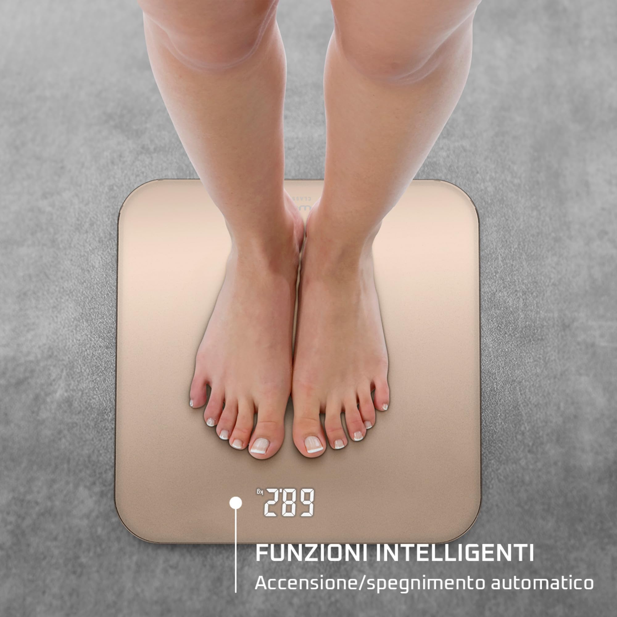 Rowenta Classic 2.0, Bilancia con Schermo Invisibile LED Facile da Leggere, Capacità 180kg, Design Moderno e Funzioni Intelligenti, AutoAccensione e Spegnimento Automatico, Colore Dune Metal, BS1900V0