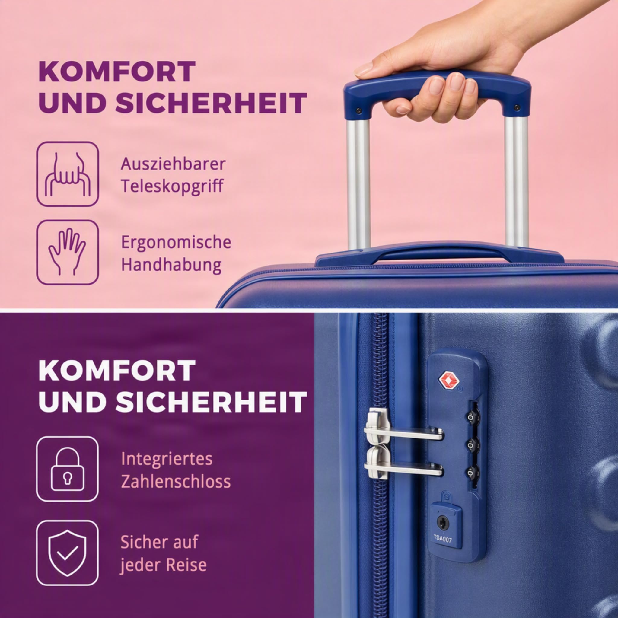 Set di 2 valigie rigide in ABS, 37 l e 58 l, con 4 ruote doppie, manico telescopico e serratura a combinazione, bagaglio a mano leggero per le vacanze, Blu mare, 20 pollici (37 l) e 24
