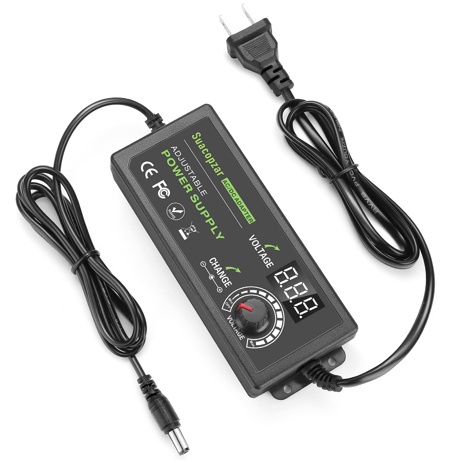 Fuente de alimentación ajustable de 60 W CC 3 V ~ 12 V 5 A, adaptador CA/CC de conmutación universal variable con pantalla LED, convertidor de CA a CC de 100 V-240 V con 5,5 x 2,1 mm y 5,5 x 2,5 mm,