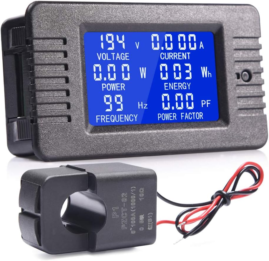 AC Current 80-260V 100A LCD Display Digital Multifunction Meter, Voltage Amperage Power Energy Frequency Power Factor Multimeter Ammeter Voltmeter with 100A Split Core Current Transformer