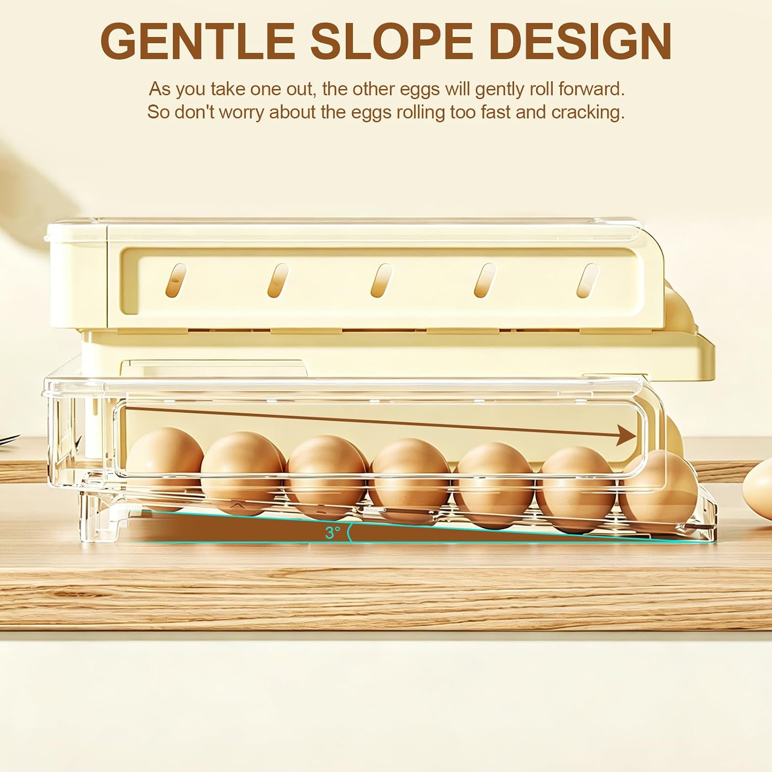 Egg Holder for Fridge, Automatic Rolling Egg Container for Refrigerator, Stackable Fridge Organizers and Storage with Lid, Clear Plastic Egg Dispenser & Tray (2 Pack)