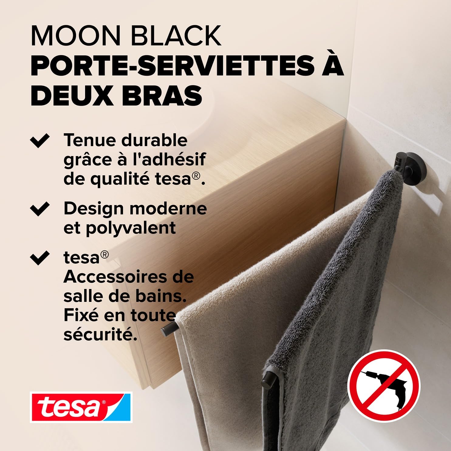 tesa Moon Black Porte Serviettes 2 Bras, Noir Mat, Salle de Bains & WC - Salles de Bains Style Industriel et Modernes - sans Perçage - 84 mm x 50 mm x 456 mm