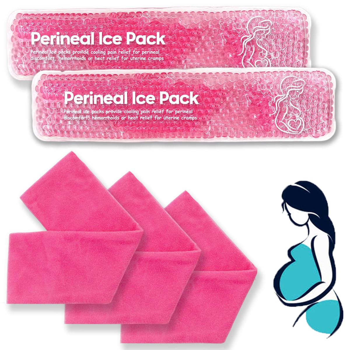 Reusable Perineal Cooling Pad for Postpartum & Hemorrhoid Pain Relief, Hot & Cold Packs for Women After Pregnancy and Delivery, Pack of 2 Gel Pads Plus 3 Washable Sleeves (red)