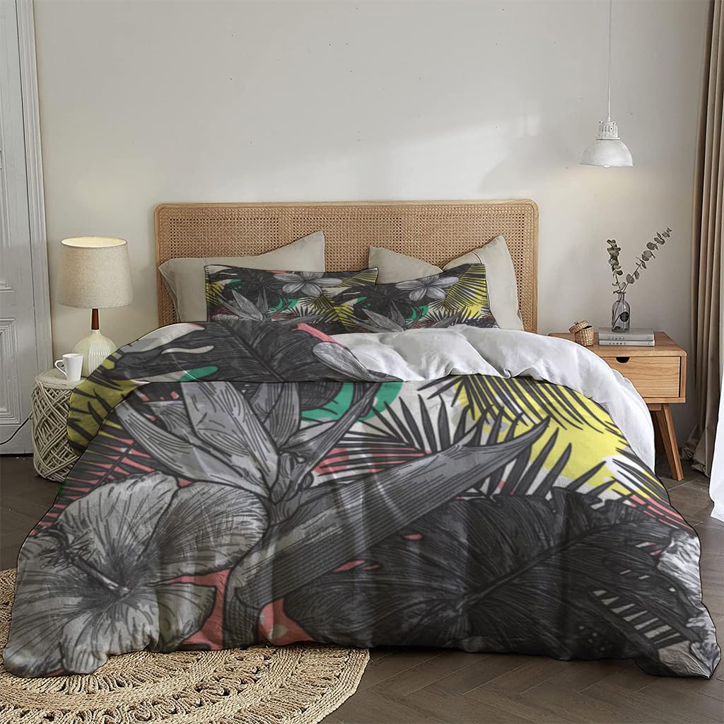 NIBAINLO 布団カバー抽象的な熱帯の花と葉 肌に優しい ピーチスキン加工 掛け布団カバー 和式 洋式 あったか 布団カバーセット リバーシブル ホームステイ ホテル 家庭兼用