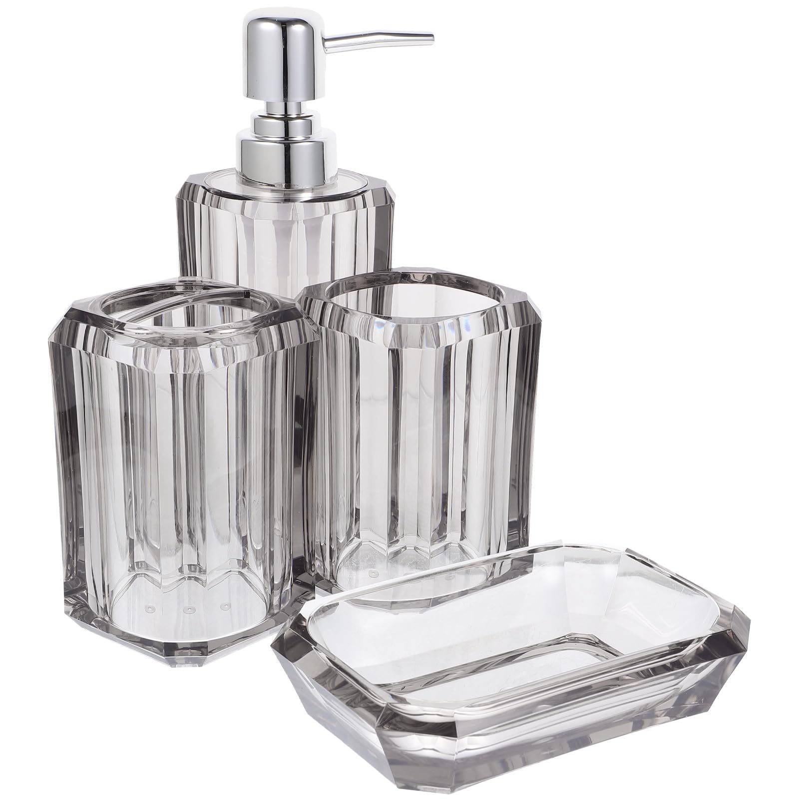 Juego de Accesorios de Baño Transparente de Acrílico Gris Dispensador de Jabón Bomba Porta Cepillos de Dientes Vaso Acrílico y Jabonera Set Compacto para Uso Doméstico y
