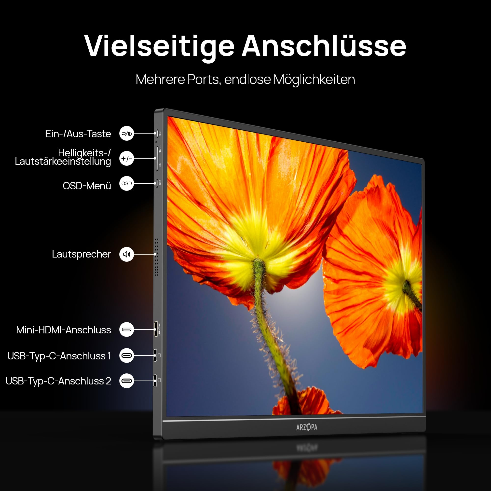 ARZOPA 2.5K Portabeler Monitor, 16 Zoll 2560x1600 HDR 10bit QHD USB-C HDMI Laptop Monitor, 16:10 IPS Augenschutz Externer Zweitbildschirm für Mac PC Phone PS4/5 Xbox Switch