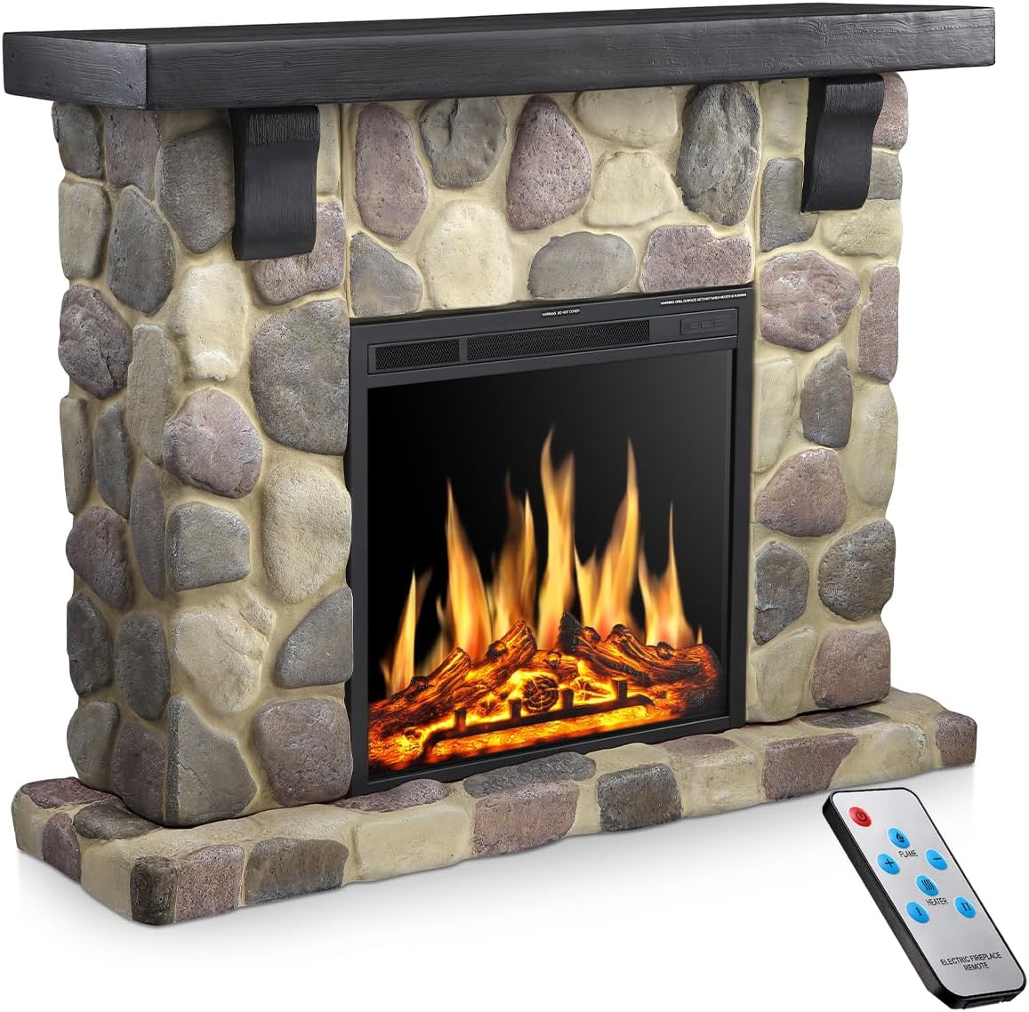 50" Electric Fireplace TV Stand, Fireplace with Faux Stone-Look Mantel, Realistic 3D Flame Effect, 7 Brightness, 750W/1500W Dual Heat Settings, Remote Control for Living Room/Bedroom(Round)